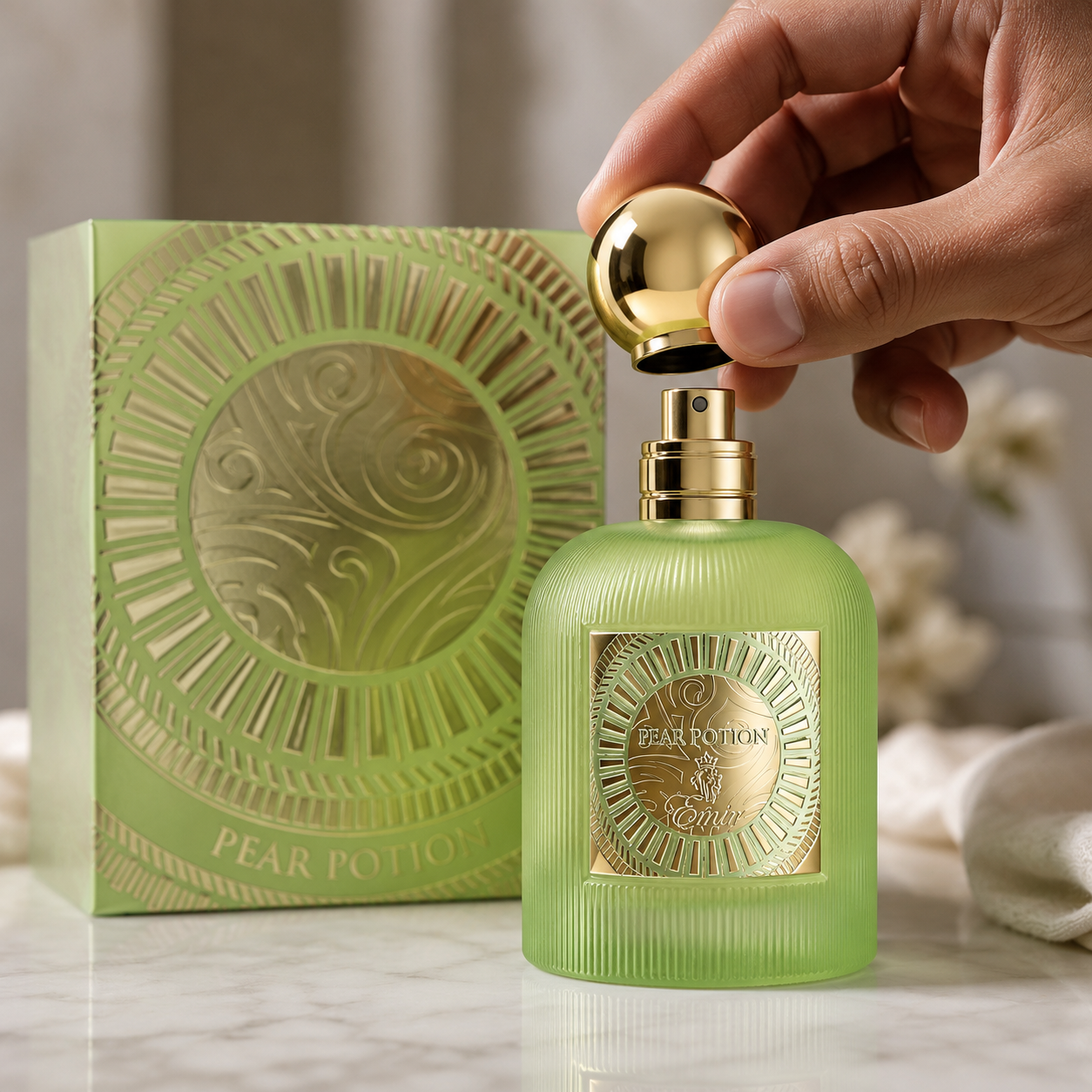 Paris Corner Emir Pear Potion fragrance styled with pear, caramel and raspberry accents