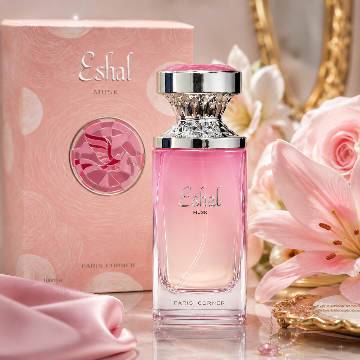 Close-up of Paris Corner Eshal Musk Eau de Parfum bottle and design details