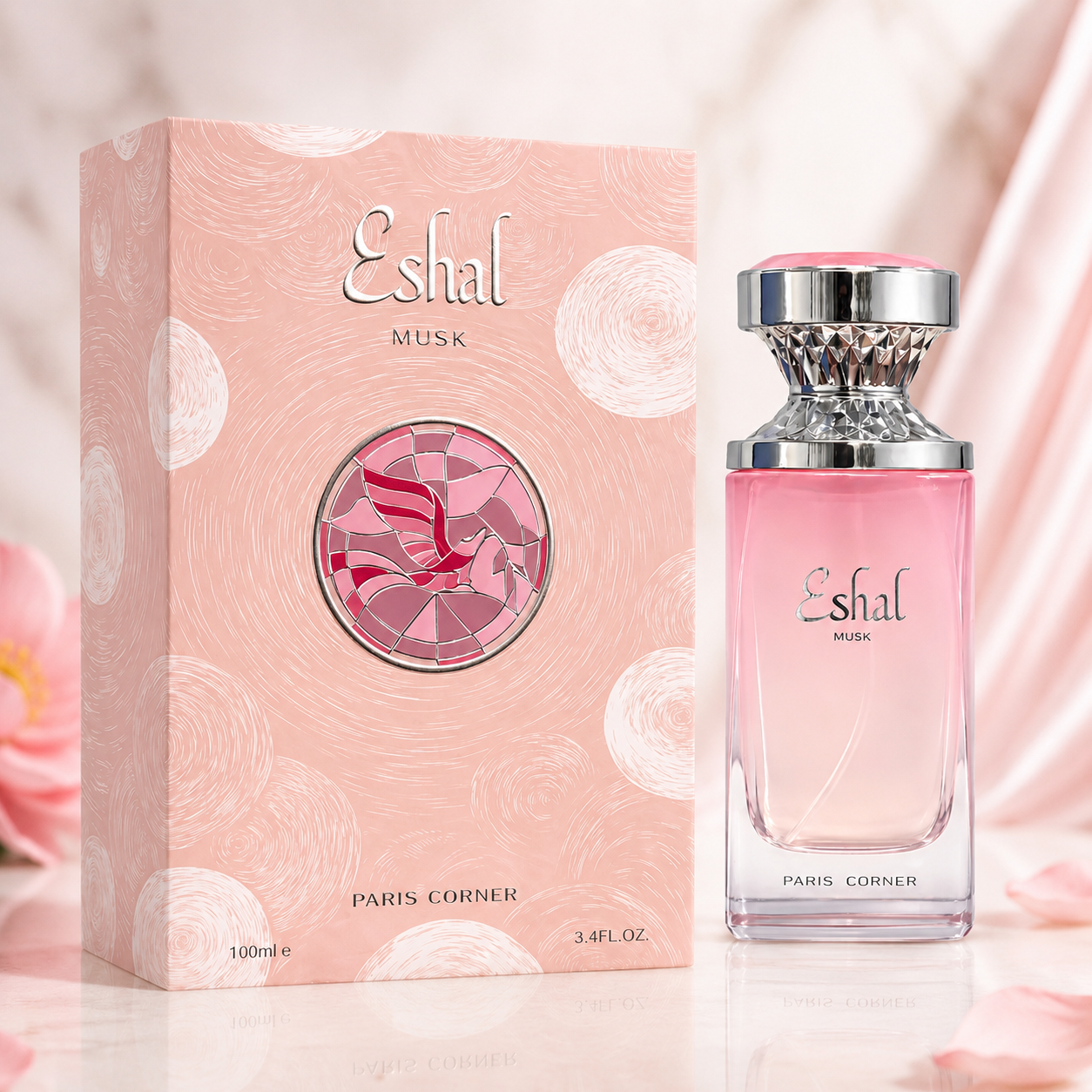 Paris Corner Eshal Musk women's fragrance styled with white florals, vanilla and musk