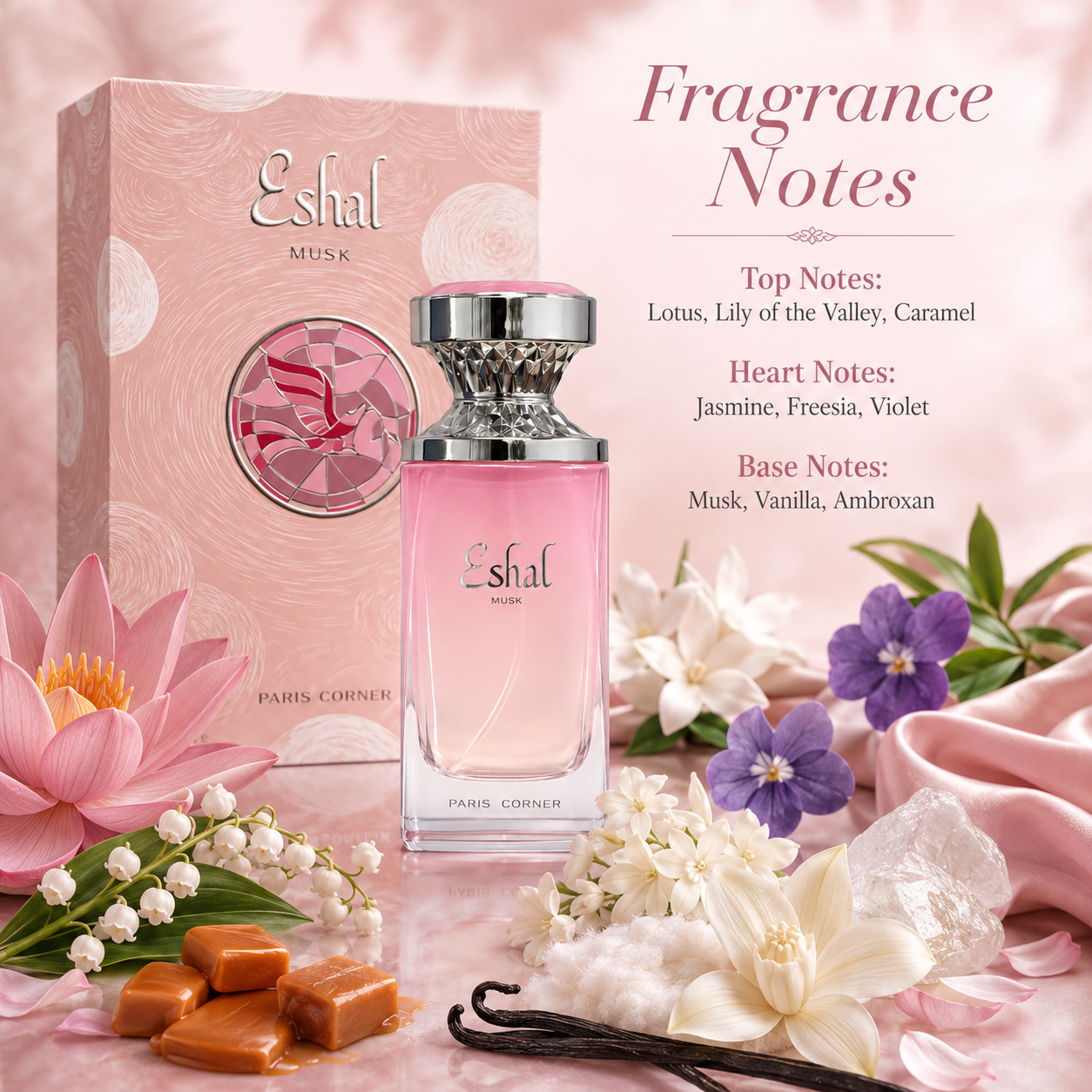 Paris Corner Eshal Musk Eau de Parfum in an airy elegant feminine lifestyle display