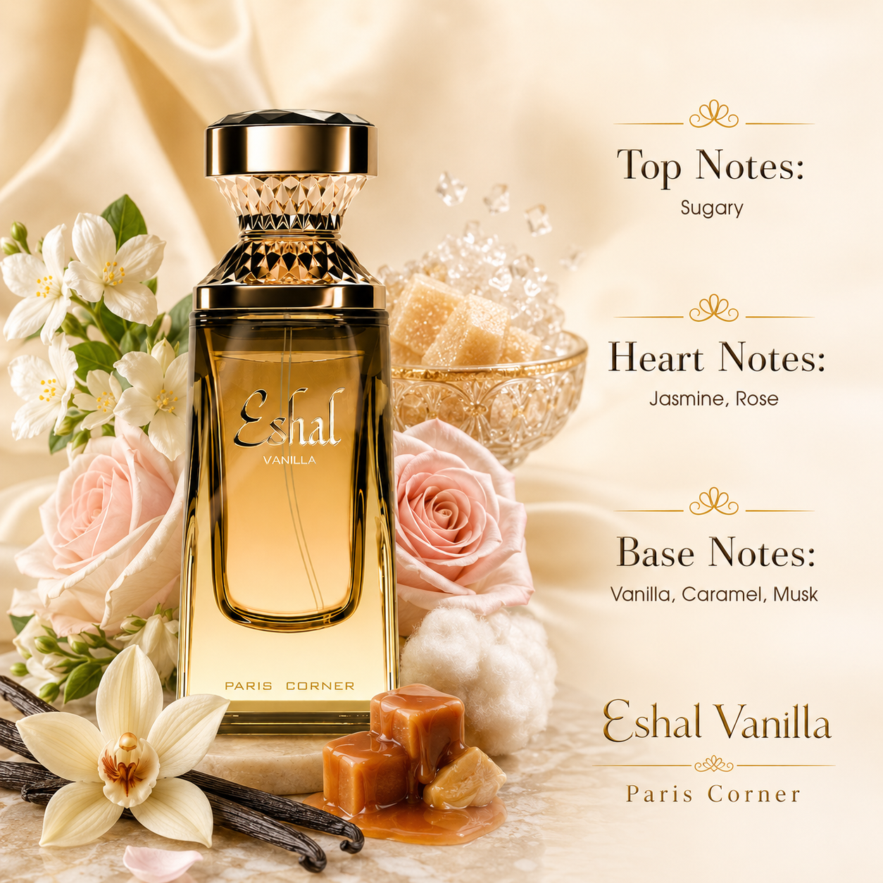 Paris Corner Eshal Vanilla Eau de Parfum in a warm feminine gourmand lifestyle display