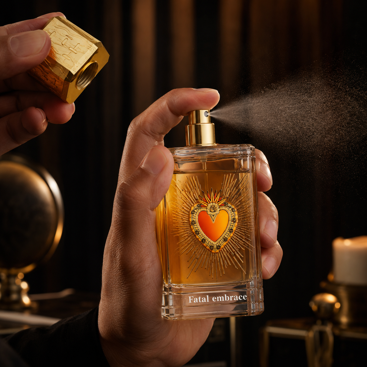 Paris Corner Fatal Embrace unisex perfume in a sensual amber floral fragrance setting