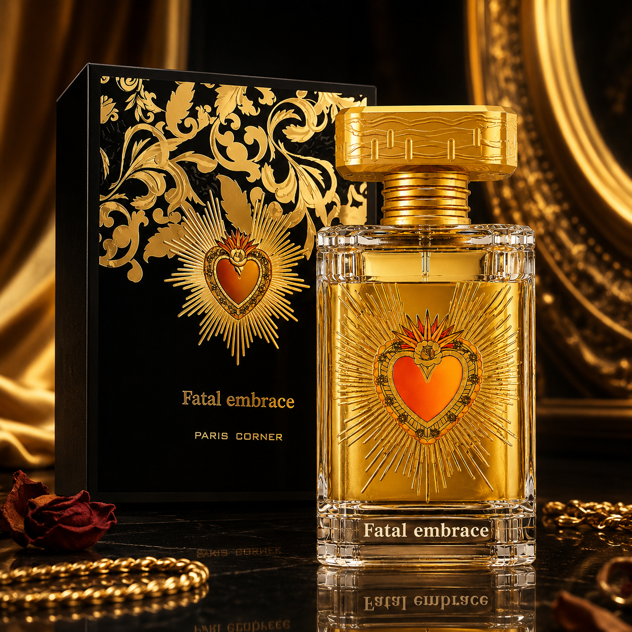 Paris Corner Fatal Embrace fragrance styled with white florals, vanilla and warm amber