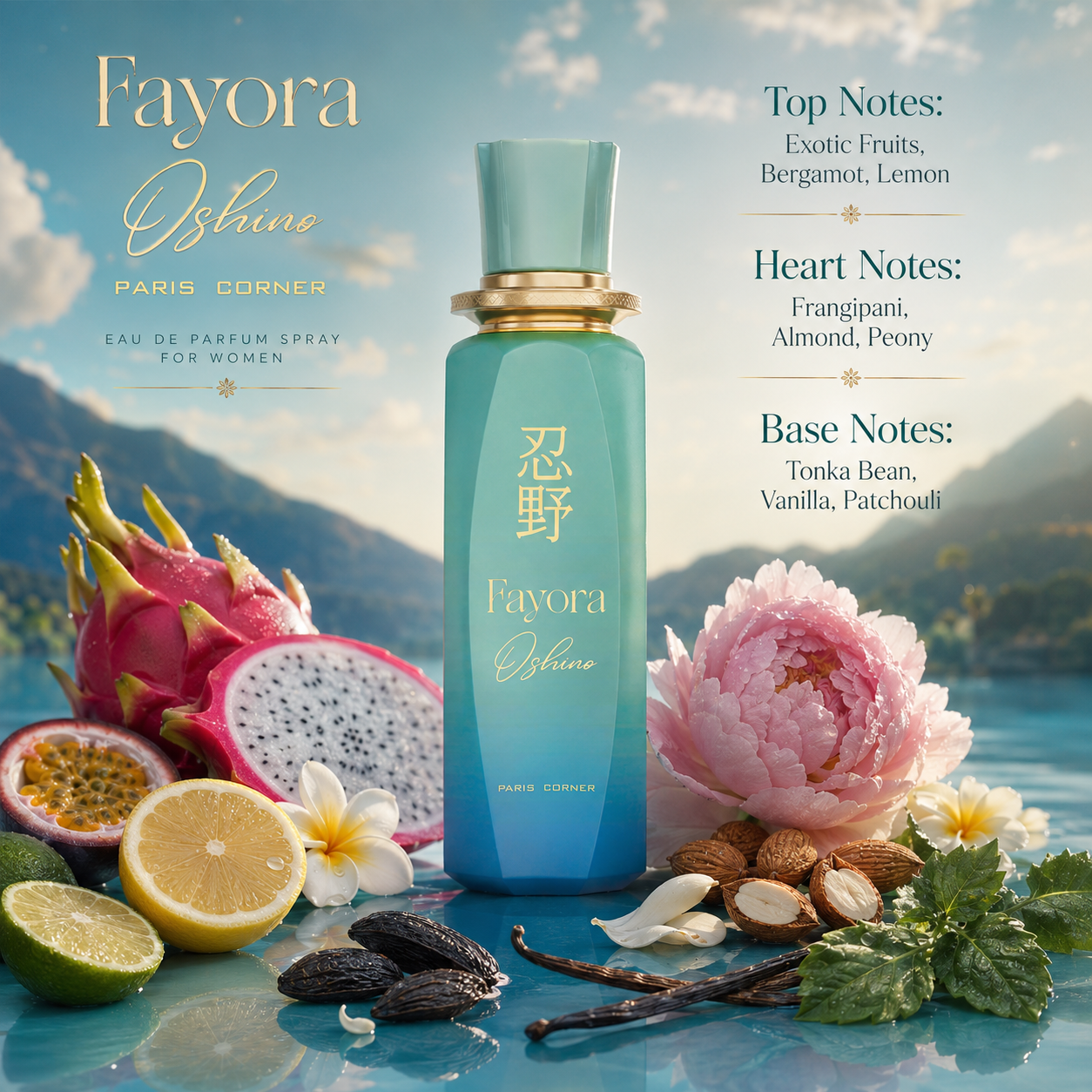Paris Corner Fayora Oshino Eau de Parfum in an elegant feminine lifestyle display
