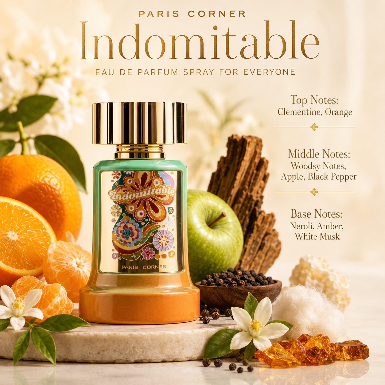 Paris Corner Indomitable unisex perfume in a bright citrus woody fragrance setting