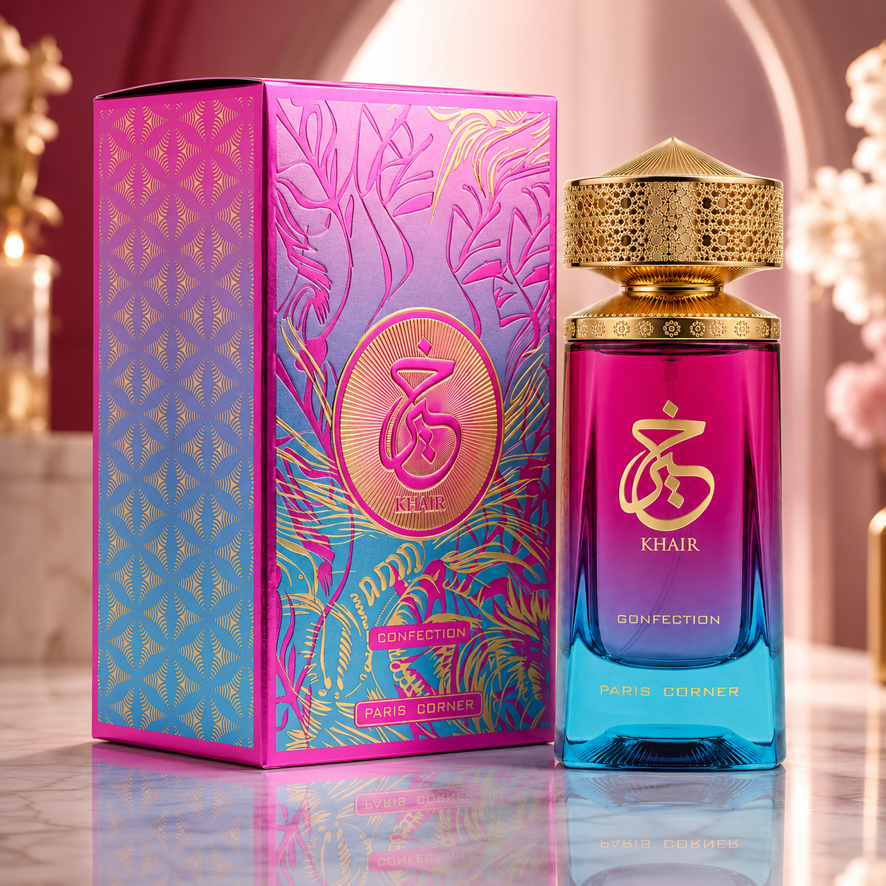 Paris Corner Khair Confection fragrance styled with pear, marshmallow and vanilla cream