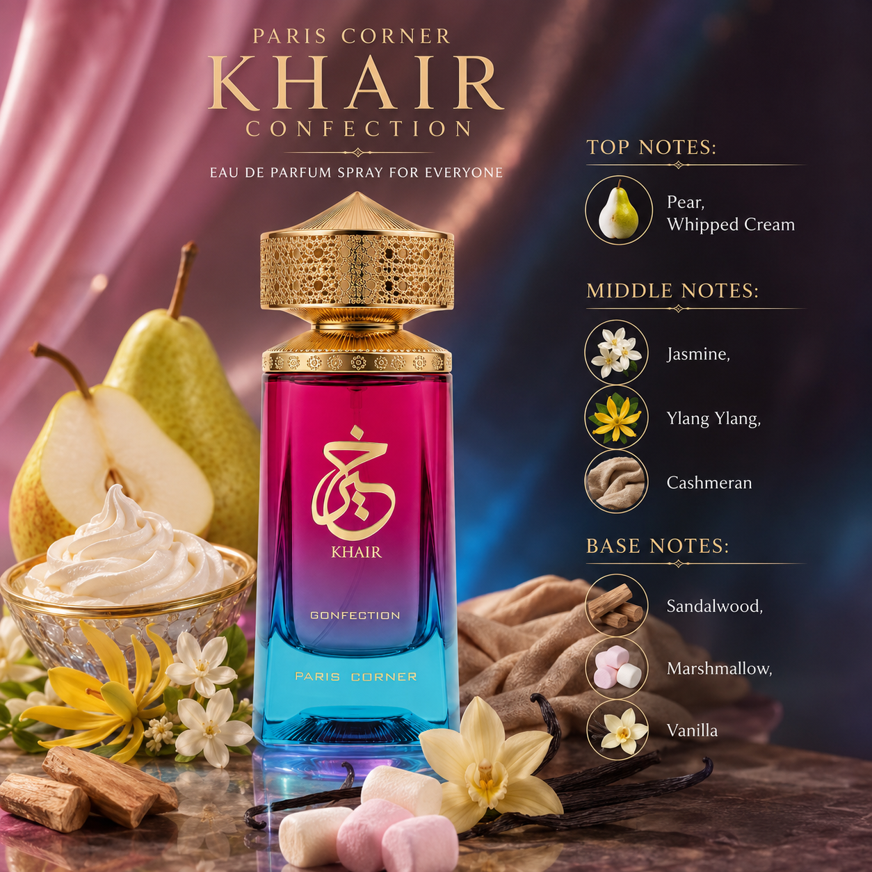 Paris Corner Khair Confection Eau de Parfum in a soft confectionery lifestyle display