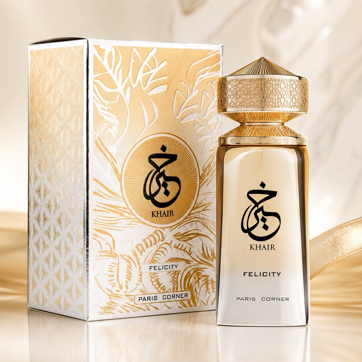 Close-up of Paris Corner Khair Felicity Eau de Parfum bottle and design details
