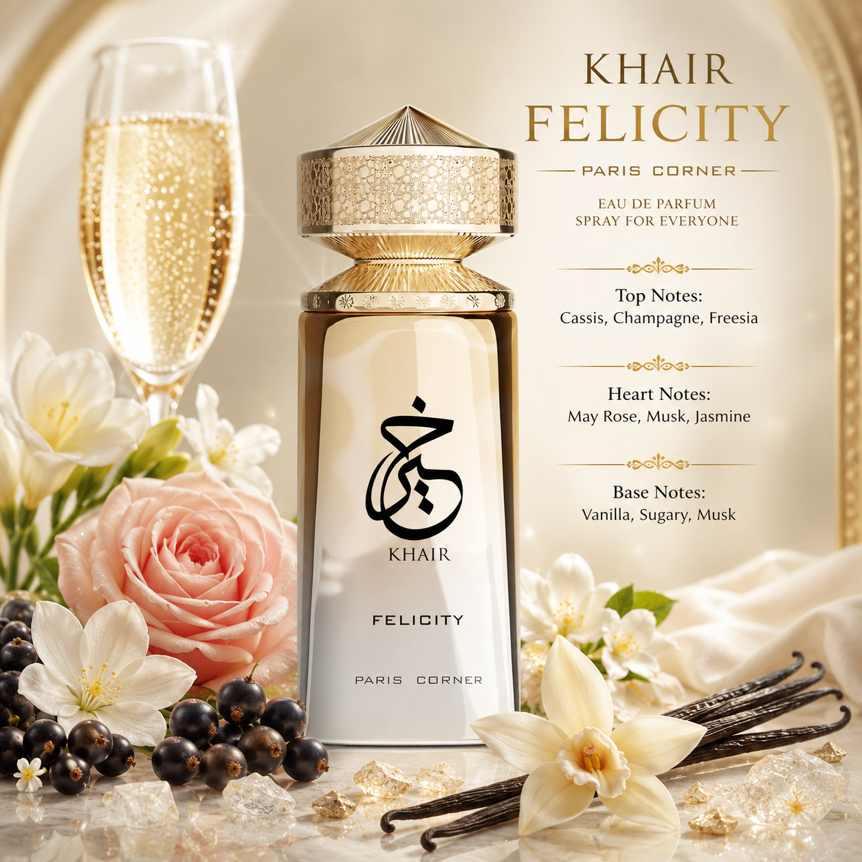 Paris Corner Khair Felicity Eau de Parfum in a celebratory elegant lifestyle display