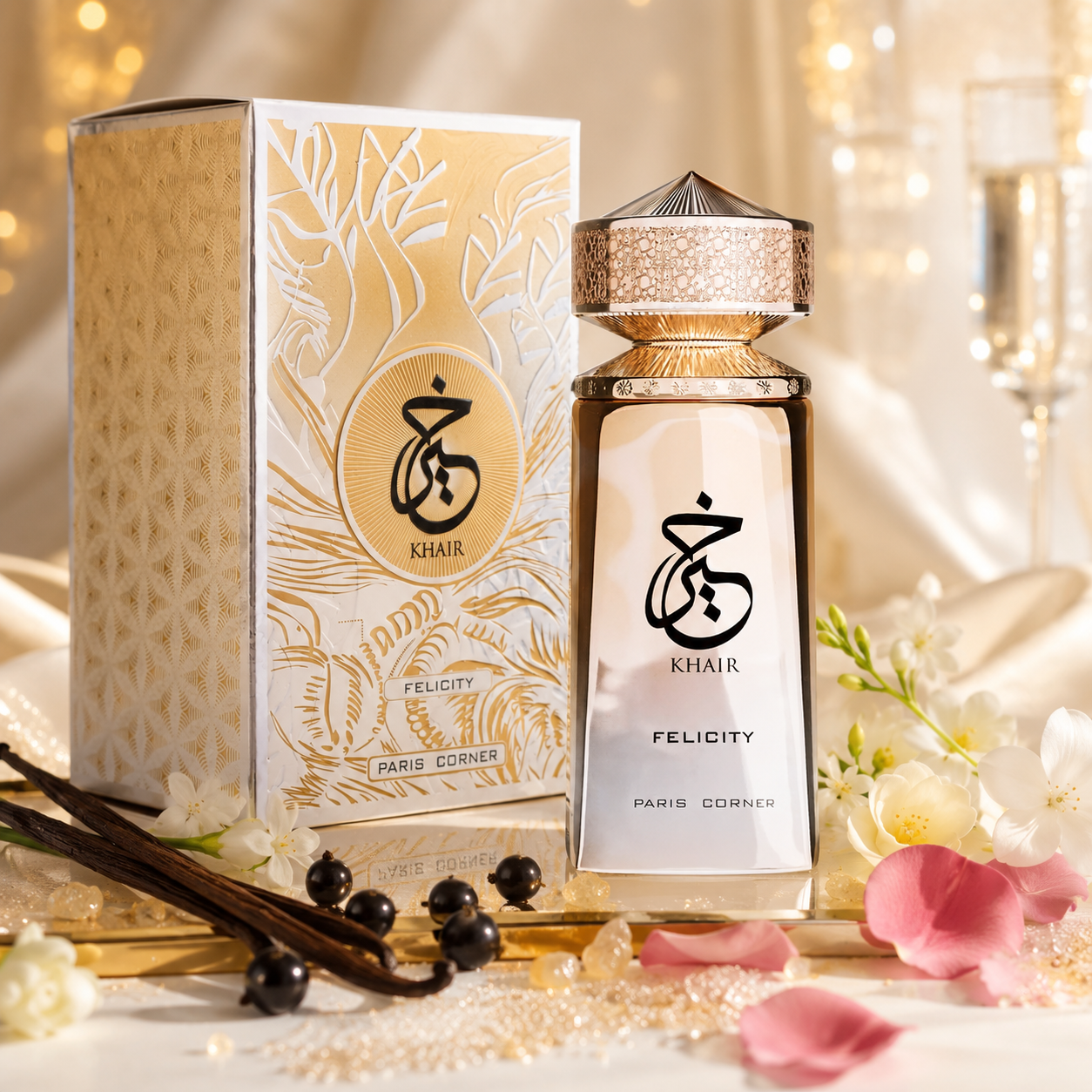 Paris Corner Khair Felicity fragrance styled with champagne, rose and soft vanilla musk