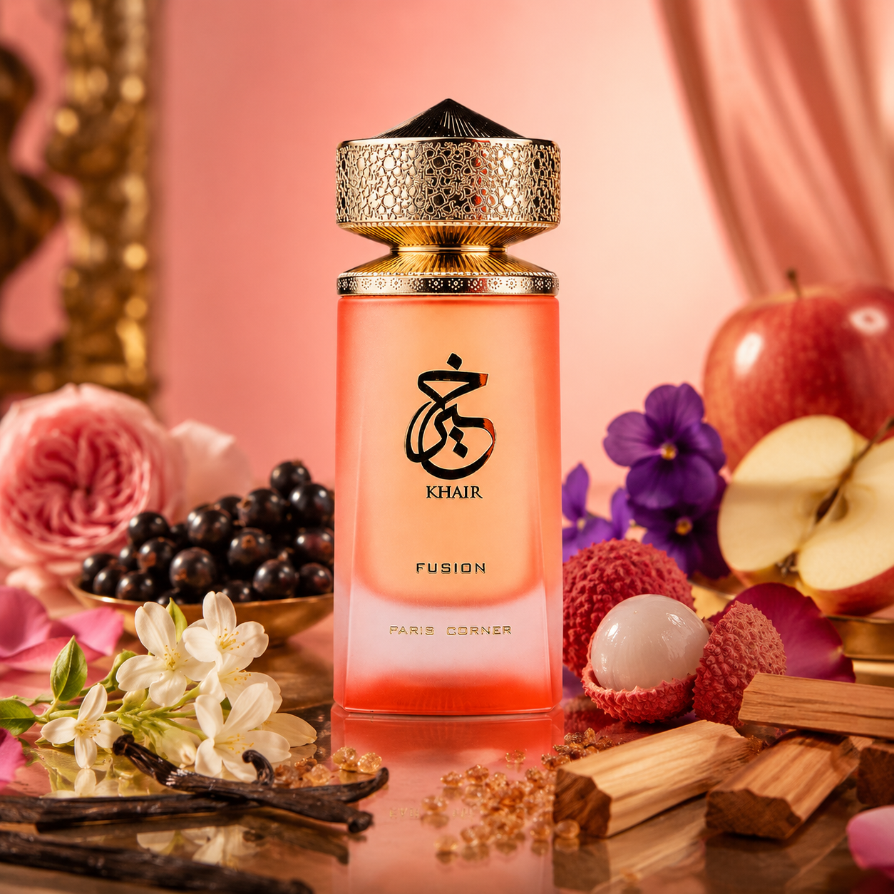 Close-up of Paris Corner Khair Fusion Eau de Parfum bottle and design details
