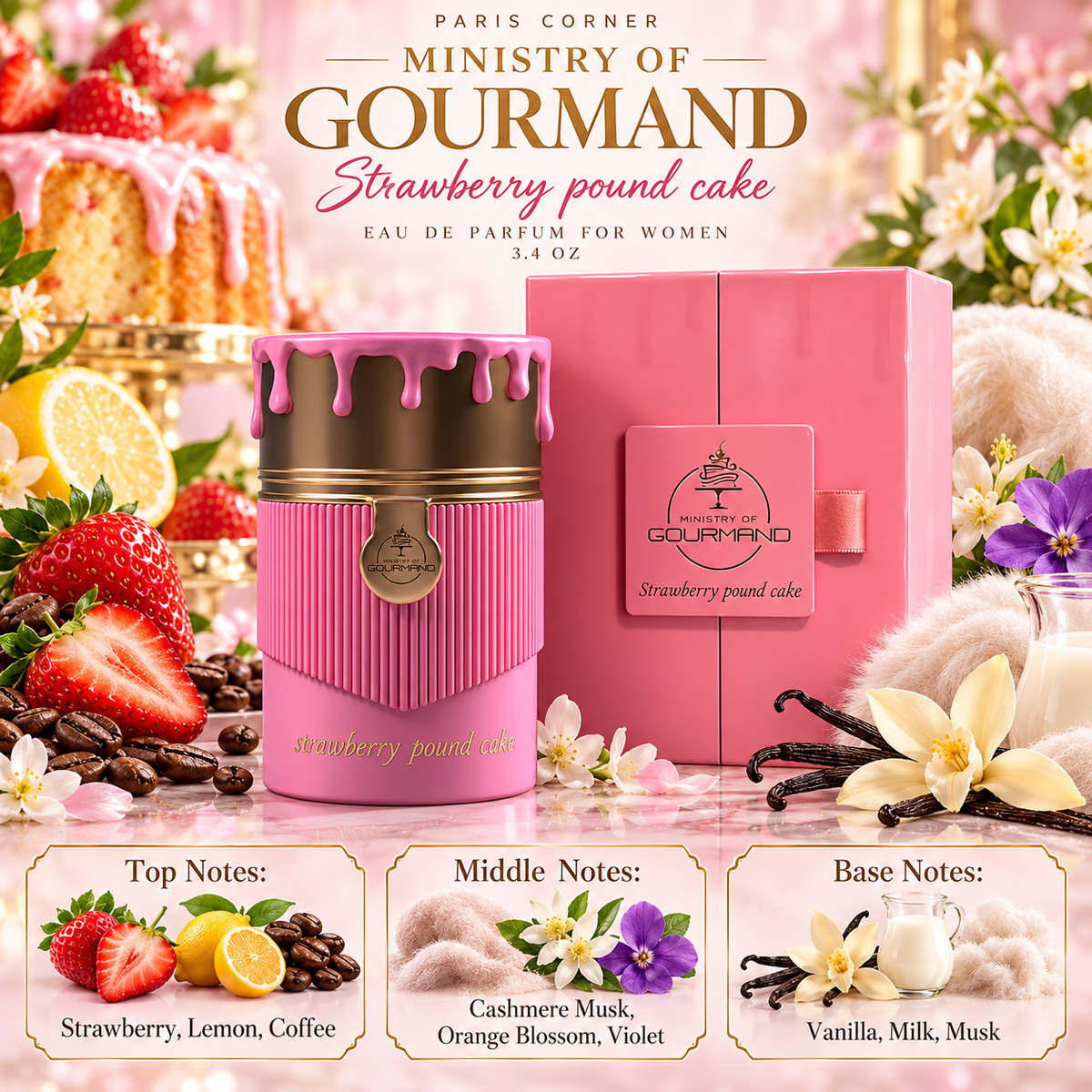 Paris Corner Ministry of Gourmand Strawberry Pound Cake Eau de Parfum for Women 3.4 Ounce