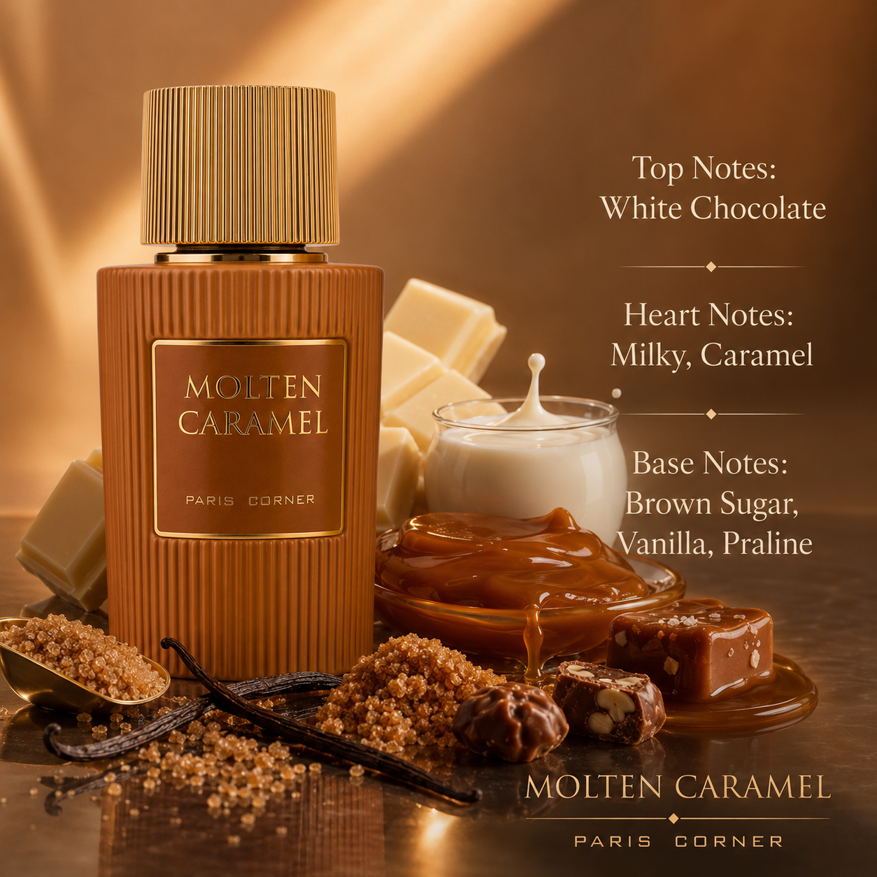 Paris Corner Molten Caramel Eau de Parfum in a warm indulgent lifestyle display