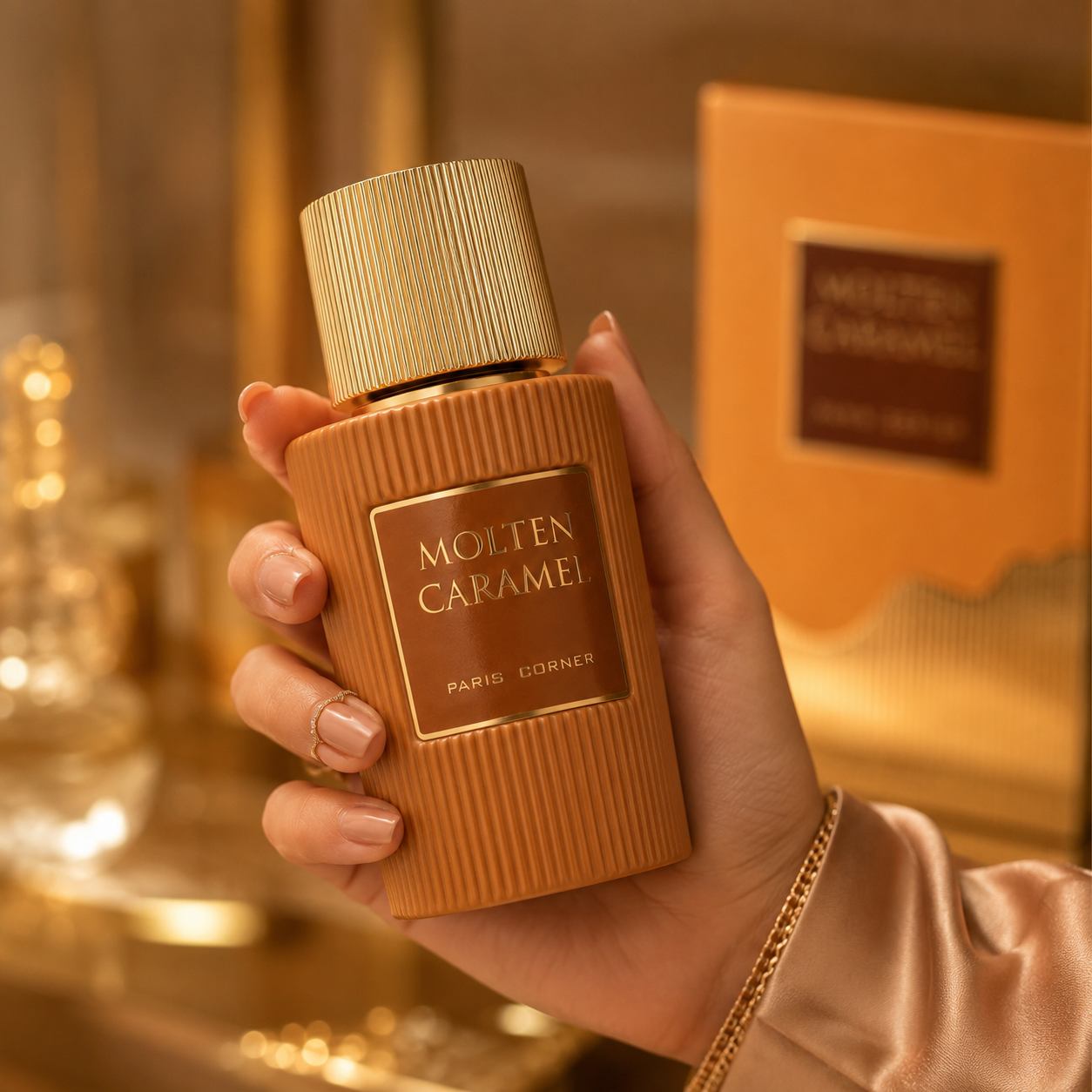Paris Corner Molten Caramel unisex perfume in a rich caramel dessert fragrance setting