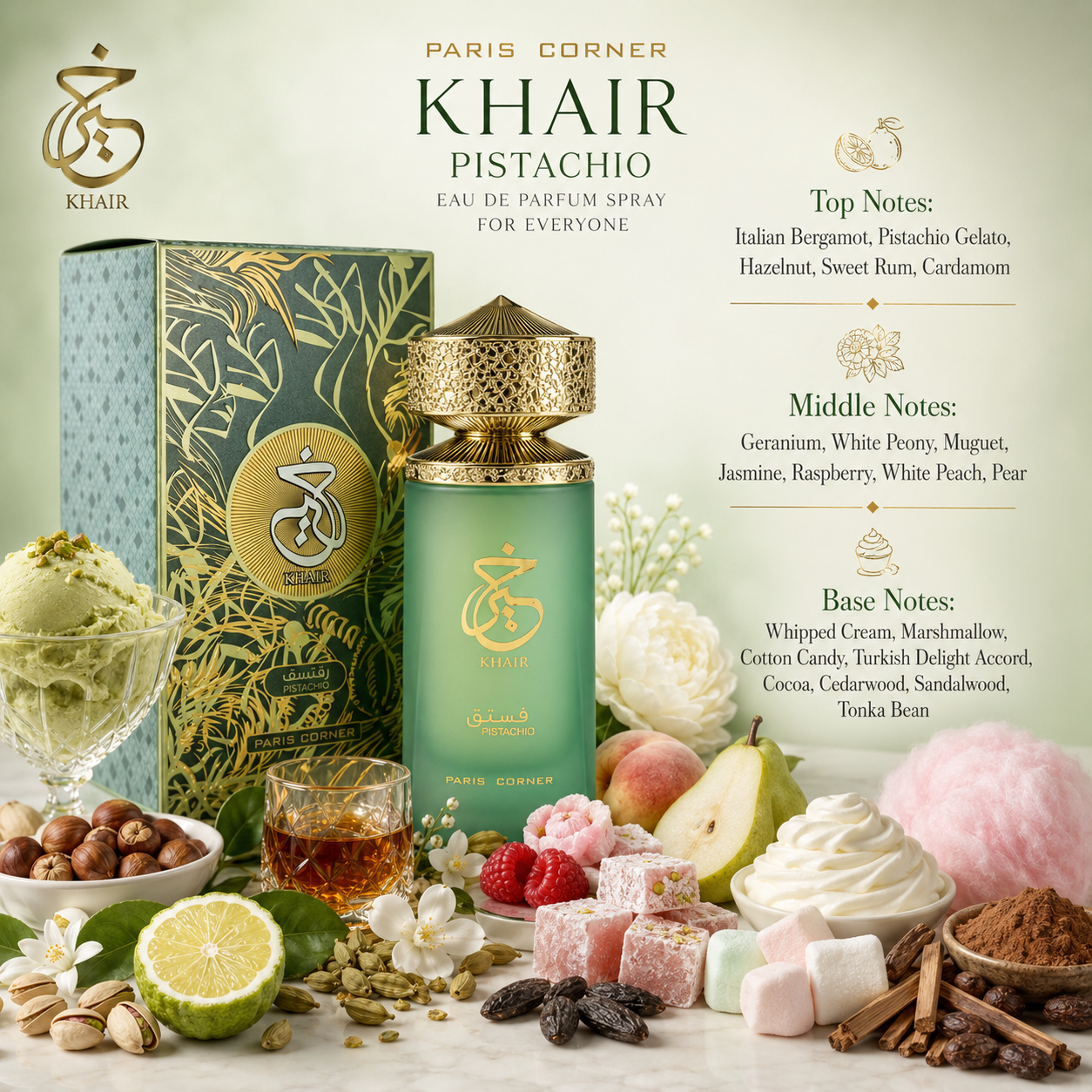 Paris Corner Pistachio Khair Eau de Parfum in a creamy gourmand lifestyle display
