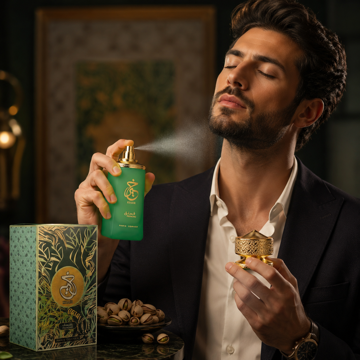 Paris Corner Pistachio Khair unisex perfume in a nutty pistachio fragrance setting
