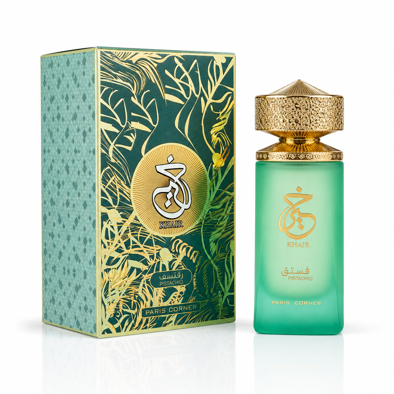 Close-up of Paris Corner Pistachio Khair Eau de Parfum bottle and design details