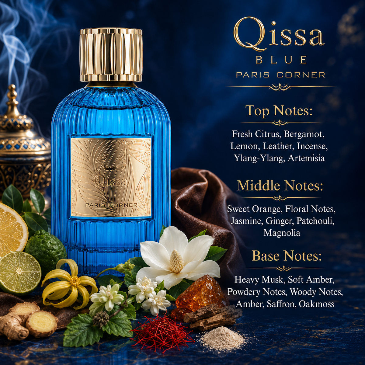 Paris Corner Qissa Blue Eau de Parfum in a refined versatile lifestyle display