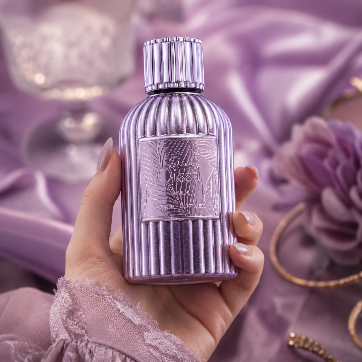 Paris Corner Qissa Gala women's perfume in a lush floral gourmand fragrance setting