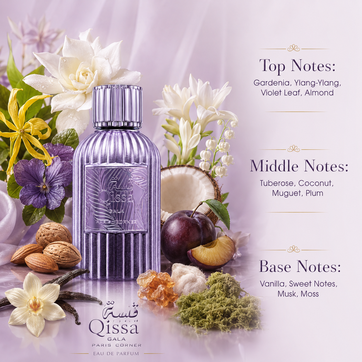 Paris Corner Qissa Gala Eau de Parfum in an elegant feminine evening lifestyle display