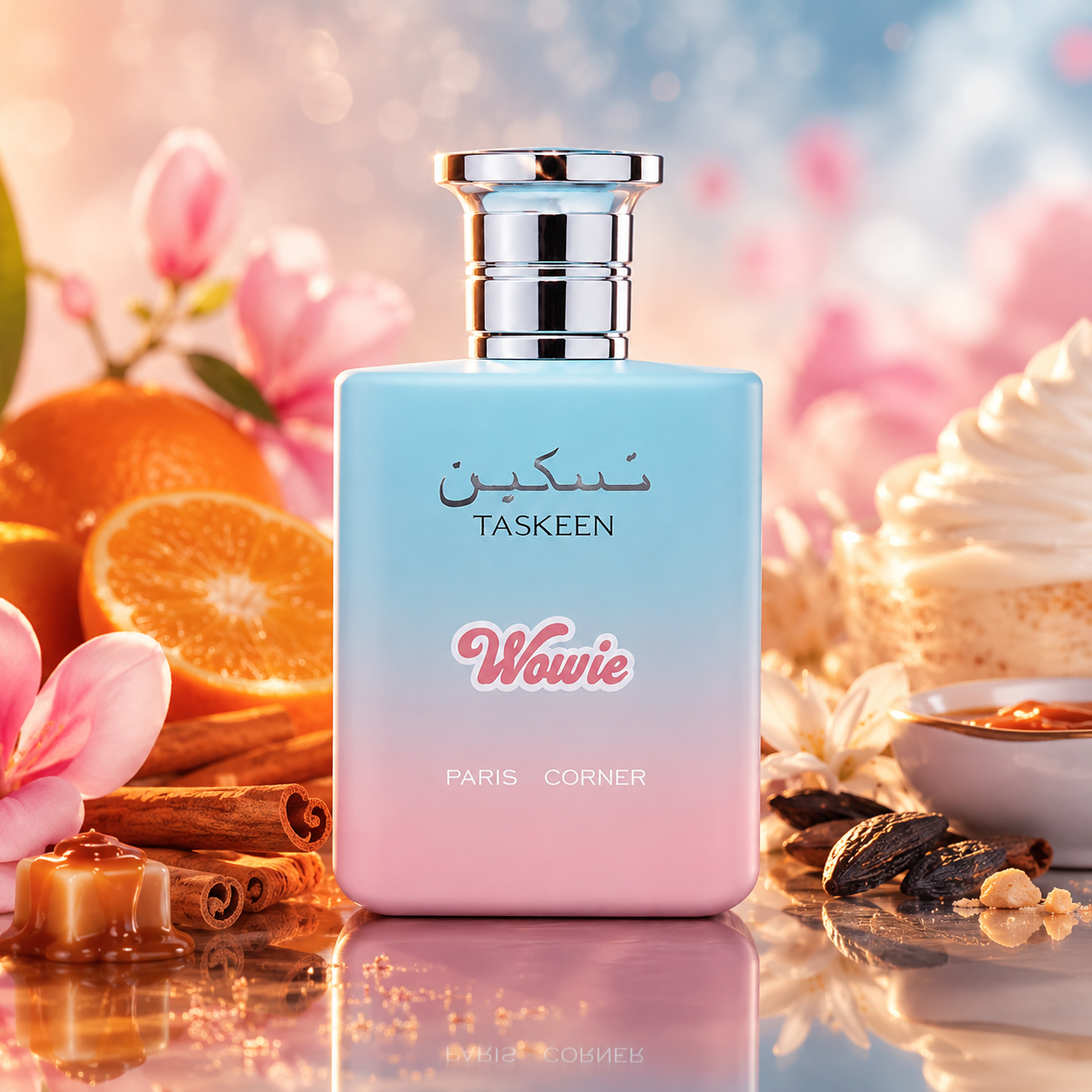 Paris Corner Taskeen Wowie fragrance styled with citrus, rum, caramel and buttery tonka