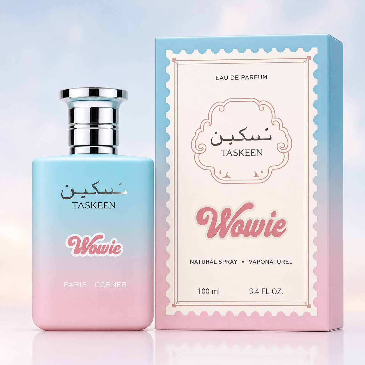 Close-up of Paris Corner Taskeen Wowie Eau de Parfum bottle and design details