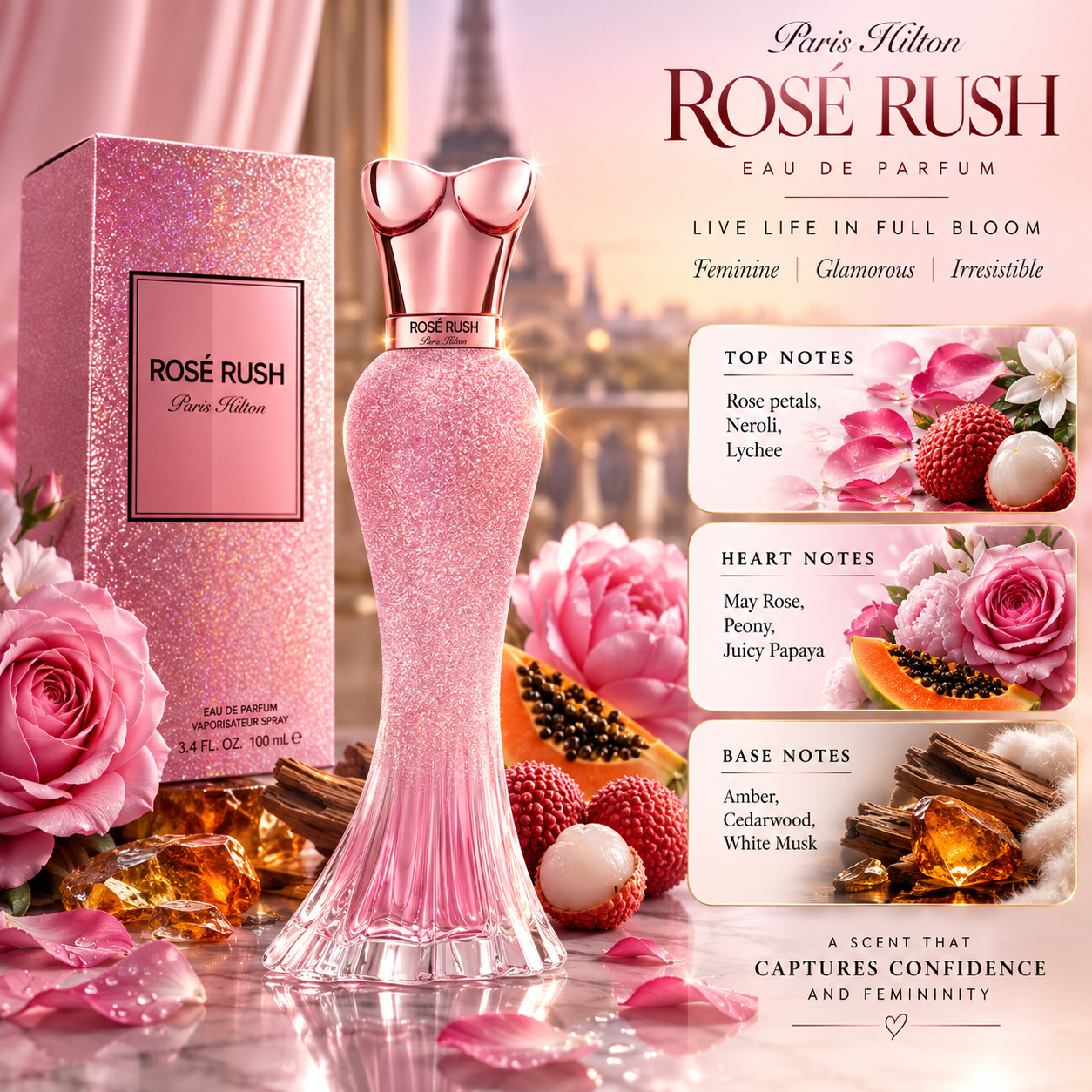 Paris Hilton Rose Rush Eau de Parfum for Women 3.4 Ounce