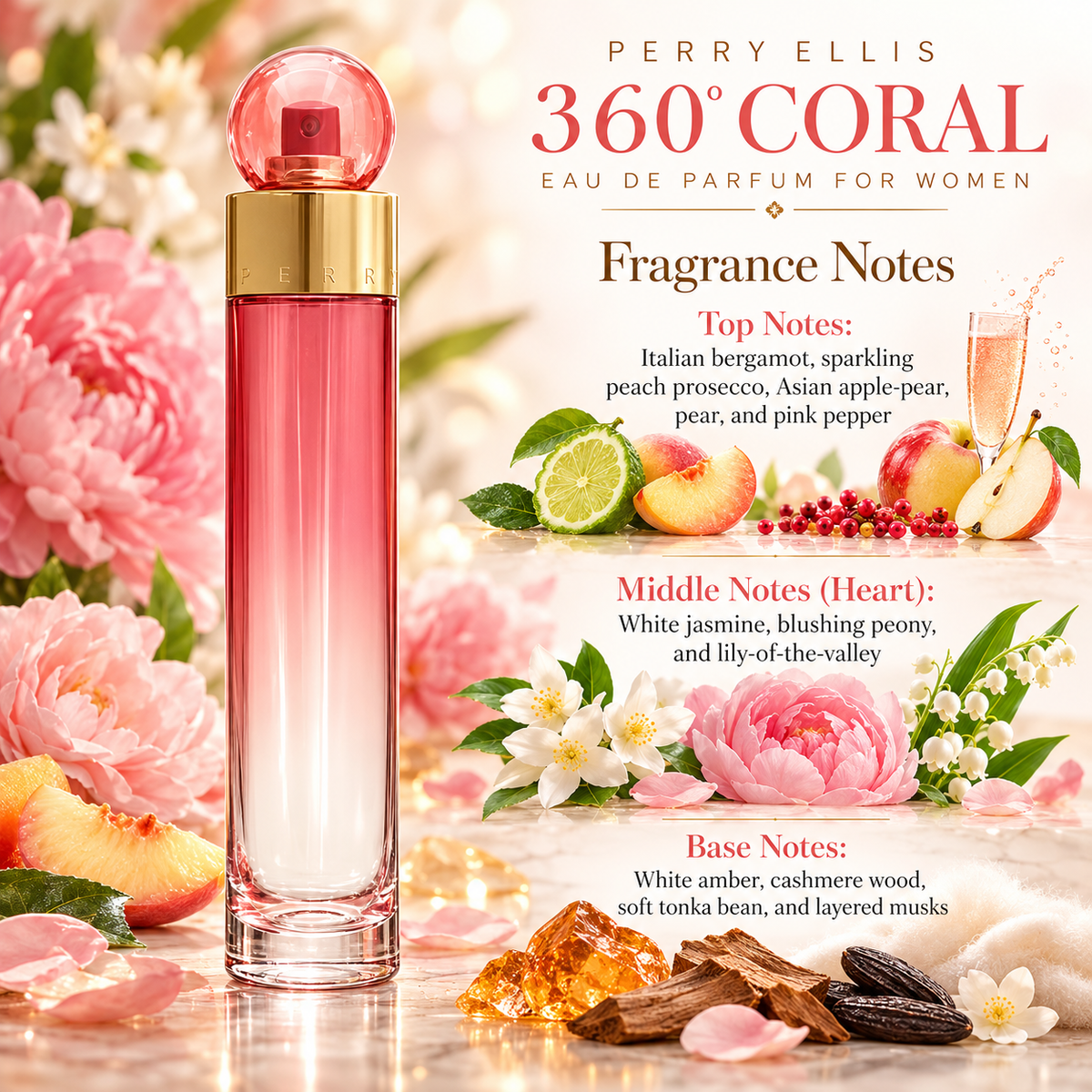 Perry Ellis 360 Coral Eau de Parfum for Women 3.4 Ounce
