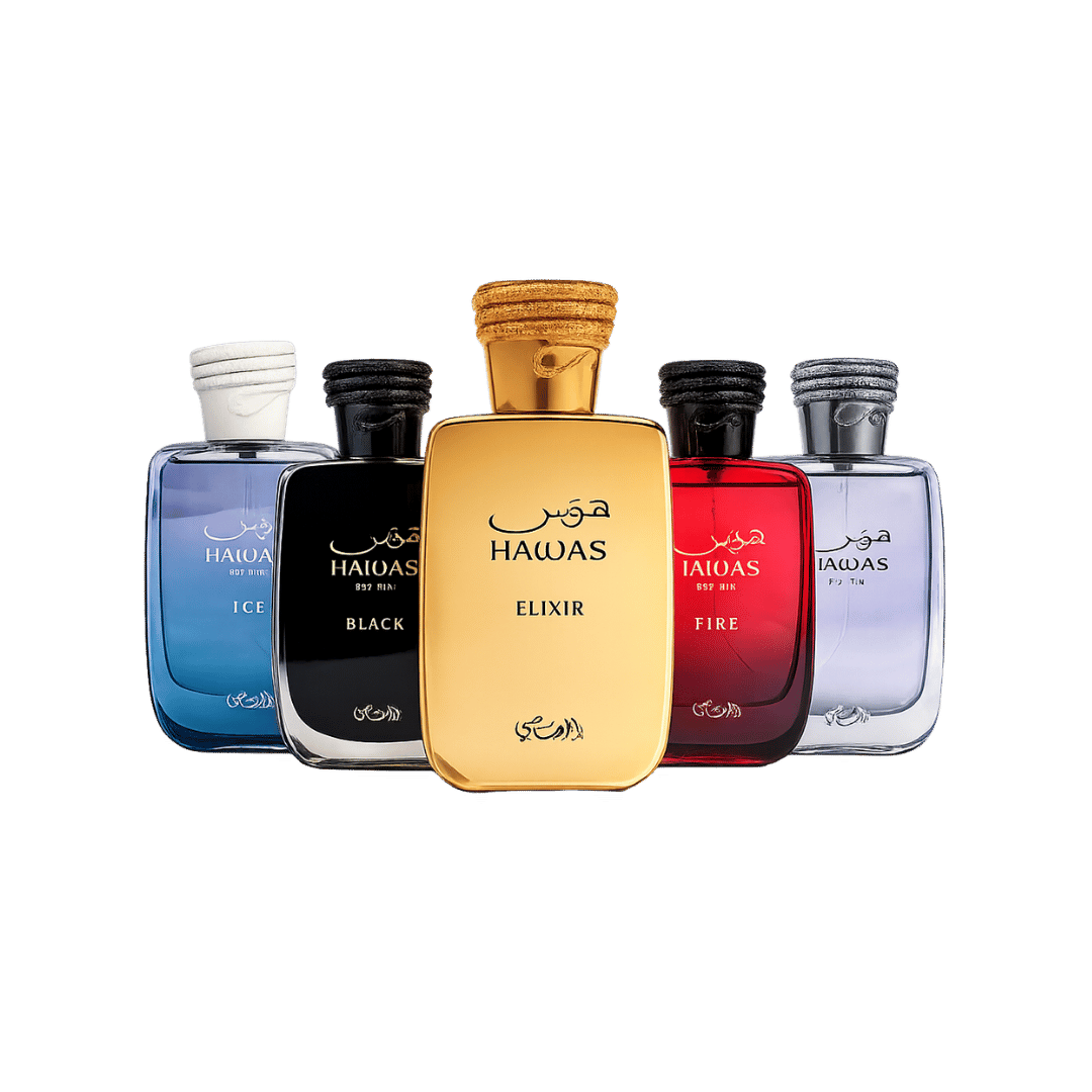 Rasasi Perfumes  Hawas + Hawas Ice + Hawas Fire + Hawas Black + Hawas Elixir  5pc Fragrance Set for Men - 100 ML per Bottle