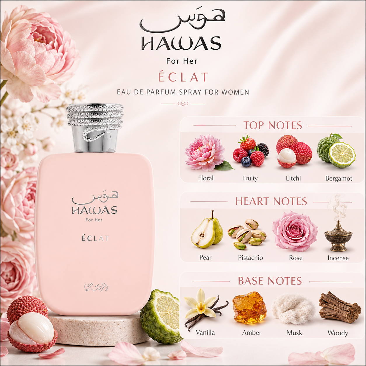 RASASI Hawas Eclat for Women Eau de Parfum Spray, 3.4 Ounce