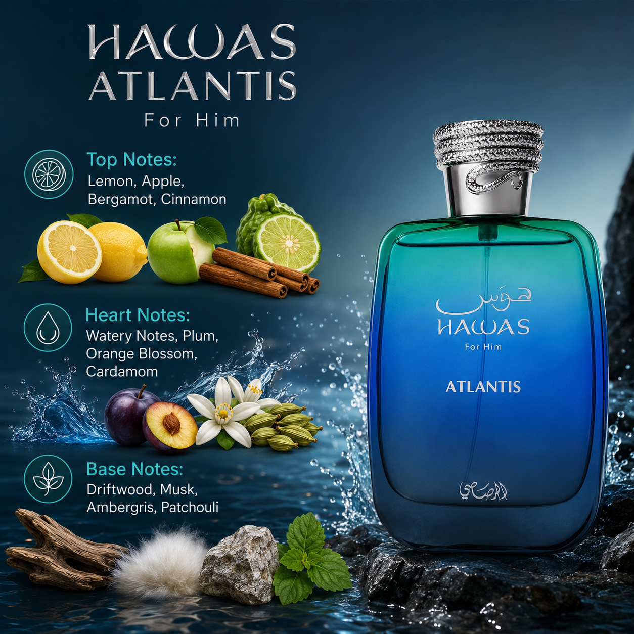 Rasasi Hawas Atlantis Eau de Parfum Spray for Men 3.4 Ounce