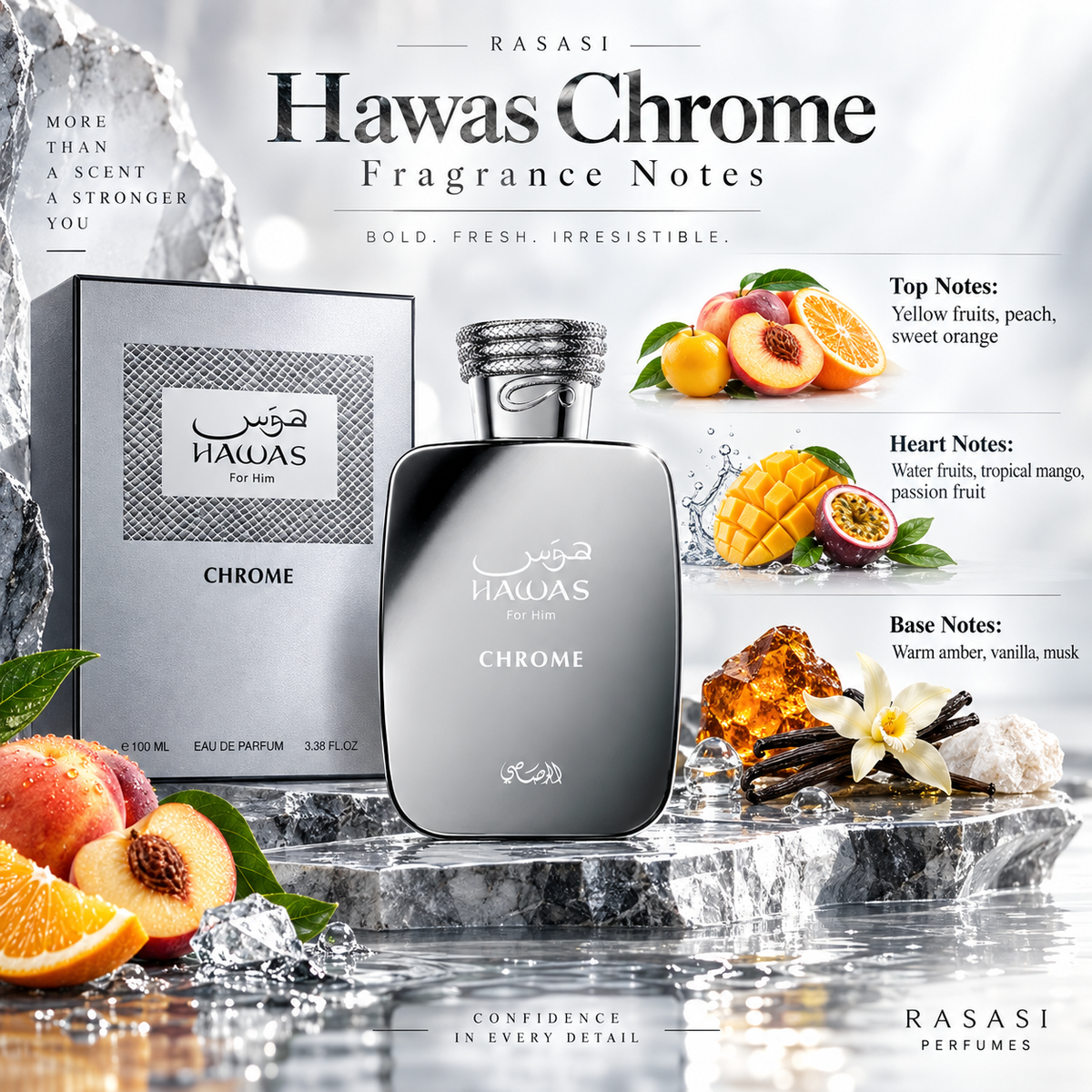 Rasasi Hawas Chrome Eau de Parfum for Men, 3.4 Ounce