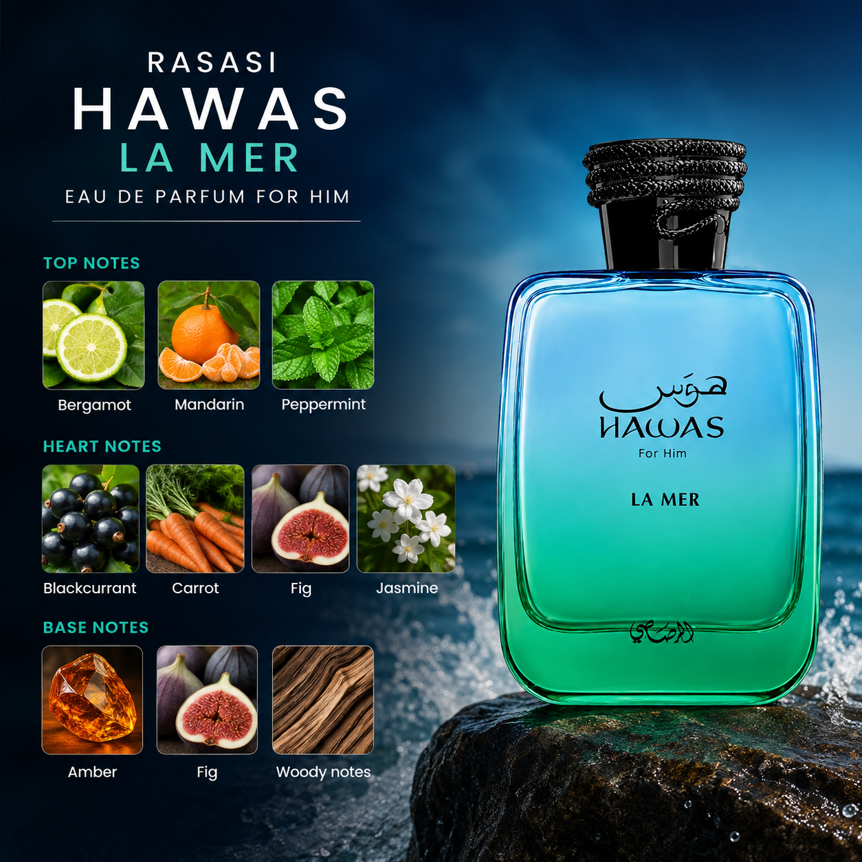 Rasasi Hawas La Mer For Him Eau de Parfum Spray for Men 3.4 Ounce