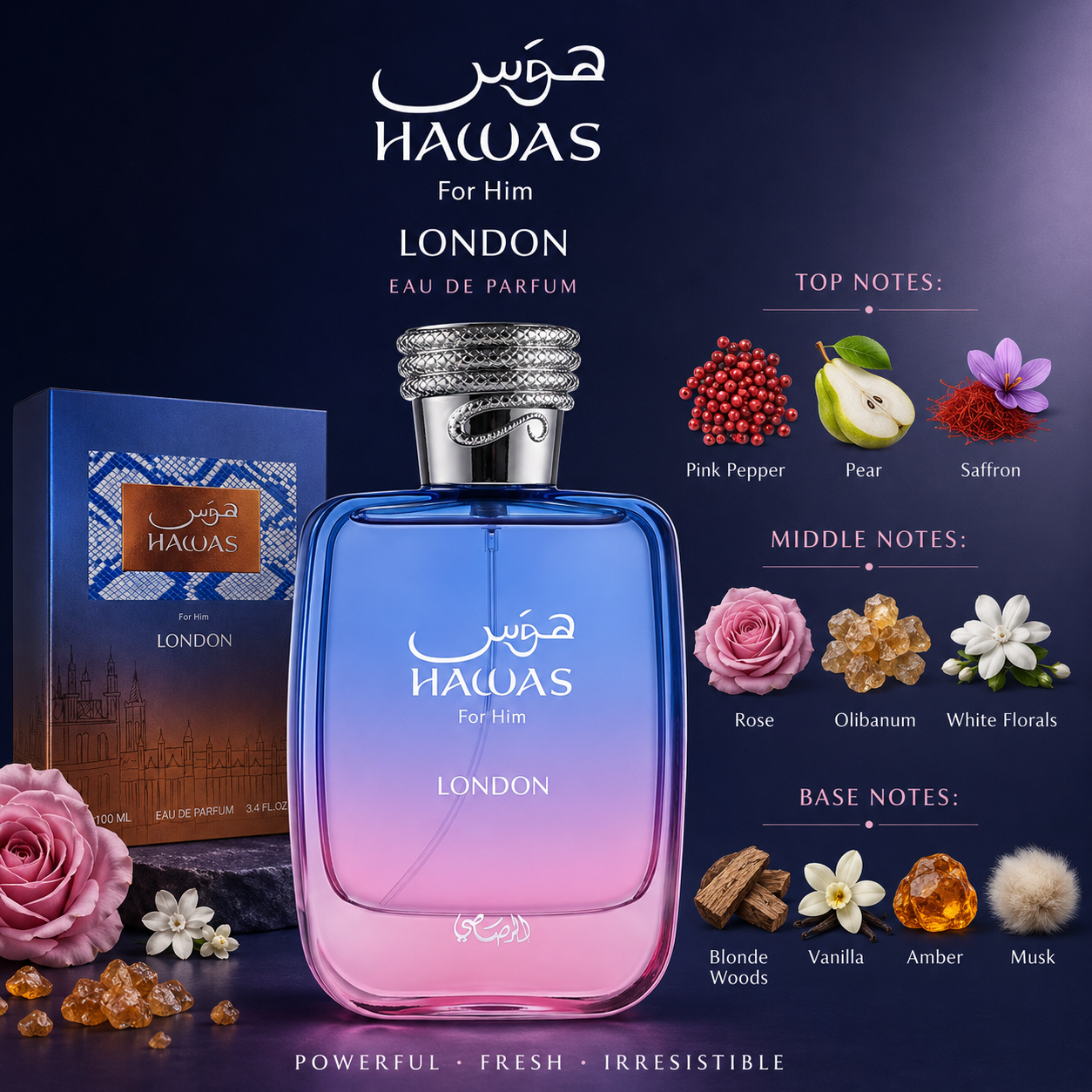 Rasasi Hawas London Eau de Parfum for Men 3.4 Ounce