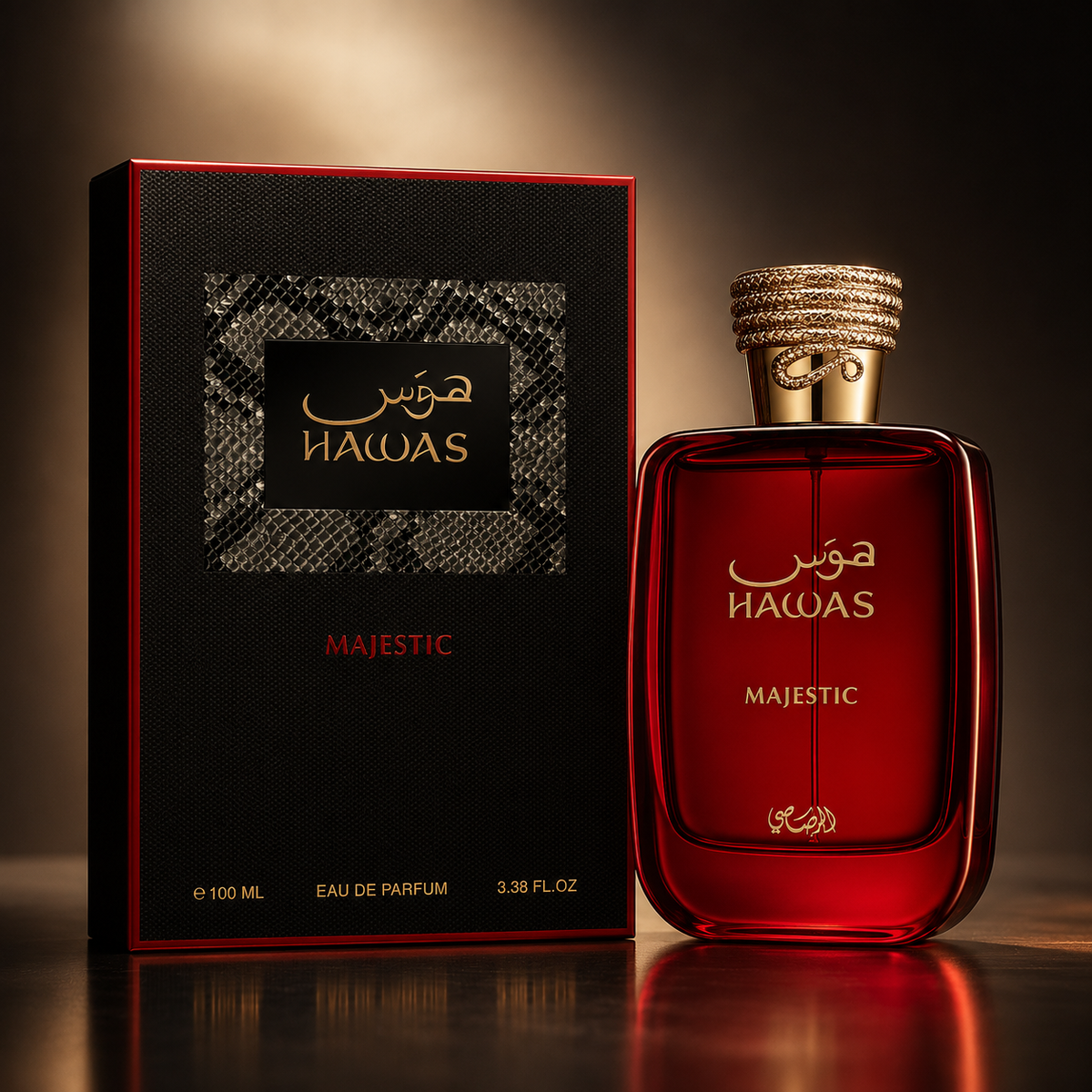 Close-up of Rasasi Hawas Majestic Eau de Parfum bottle and design details