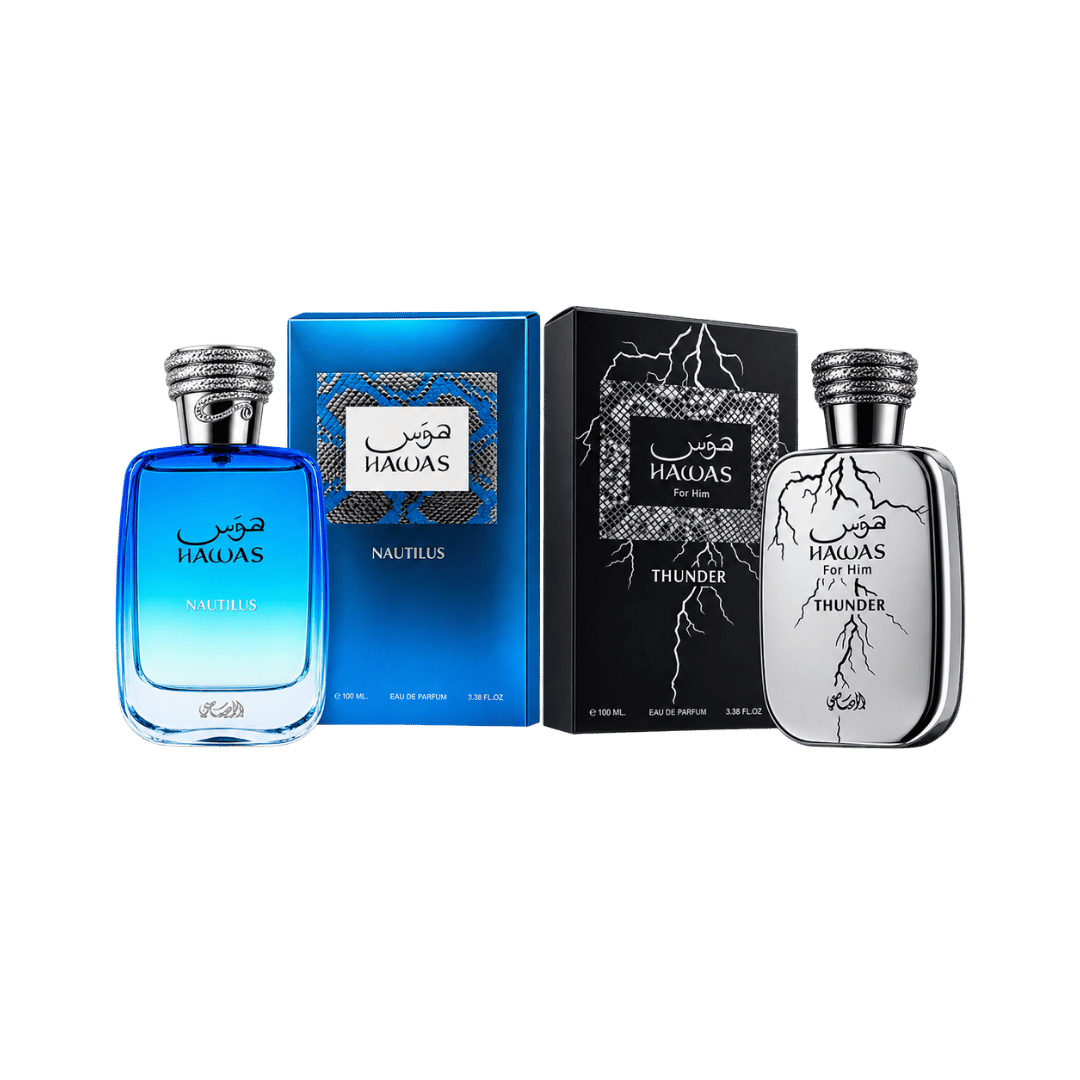 Rasasi Hawas Nautilus and Hawas Thunder duo styled with sea water, apple and cedarwood accents