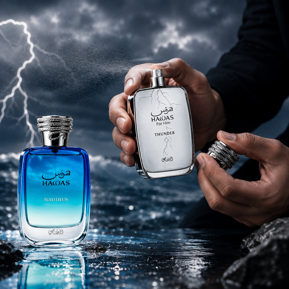 Rasasi Hawas Nautilus and Hawas Thunder men's fragrance duo in a fresh modern setting