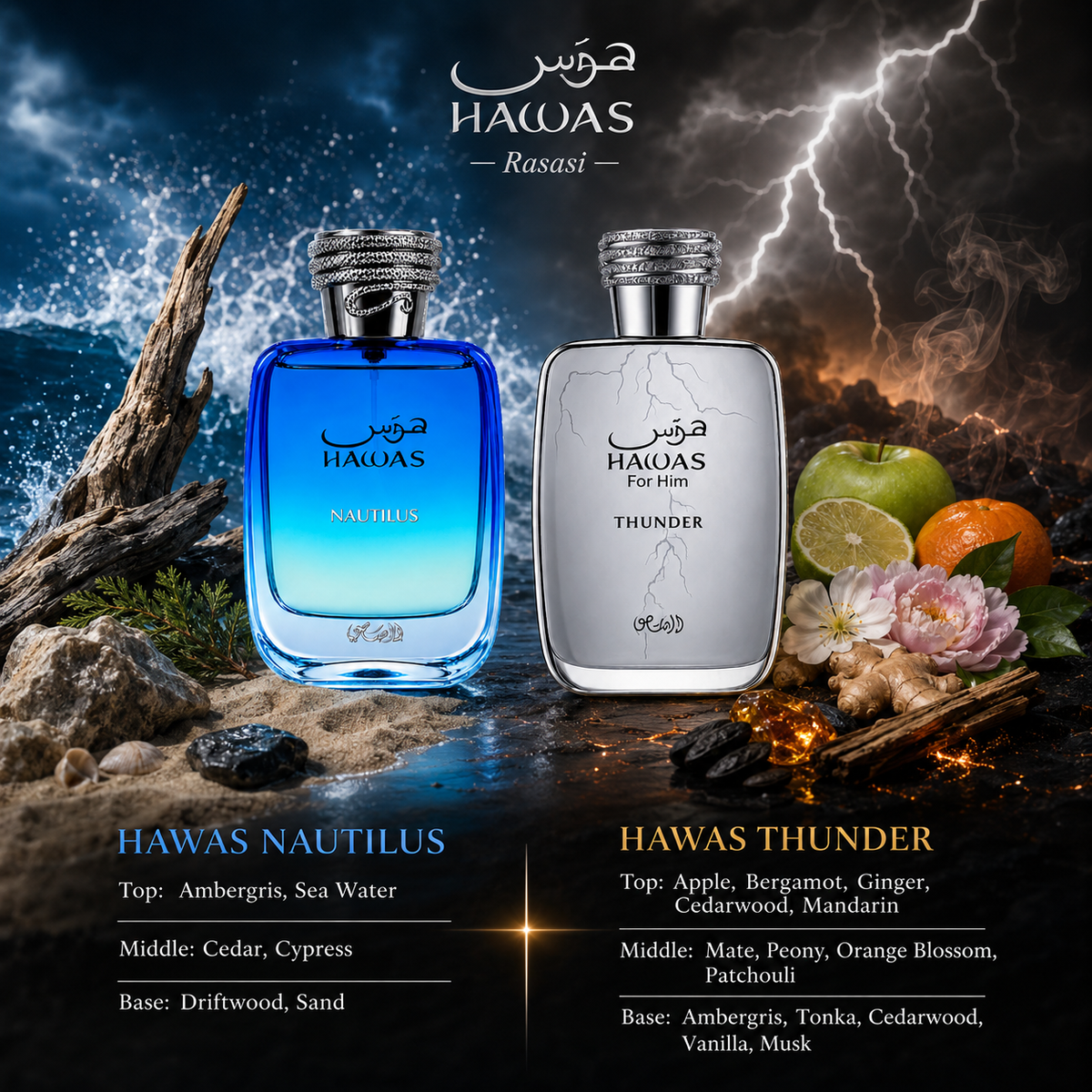 Rasasi Hawas Nautilus and Hawas Thunder fragrance notes with marine, citrus, woody and vanilla accords