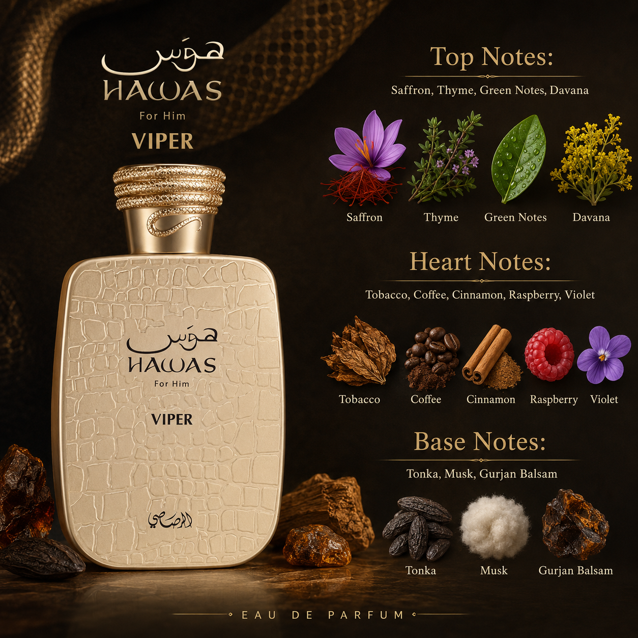 Rasasi Hawas Viper Eau de Parfum Spray for Men 3.4 Ounce