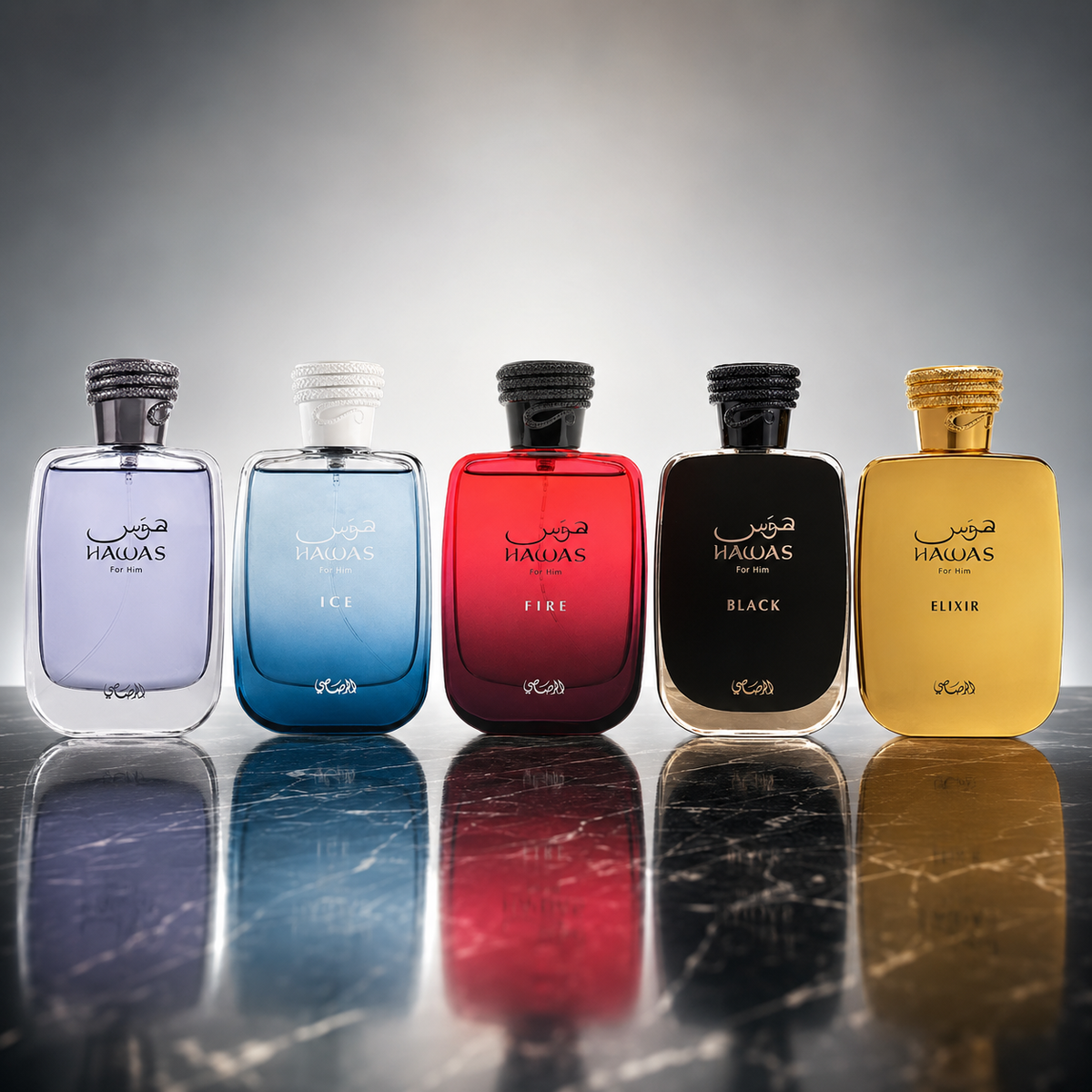 Rasasi Perfumes  Hawas + Hawas Ice + Hawas Fire + Hawas Black + Hawas Elixir  5pc Fragrance Set for Men - 100 ML per Bottle