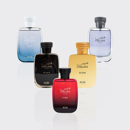 Rasasi Perfumes | Hawas + Hawas Ice + Hawas Fire + Hawas Black + Hawas Elixir | 5pc Fragrance Set for Men - 100 ML per Bottle