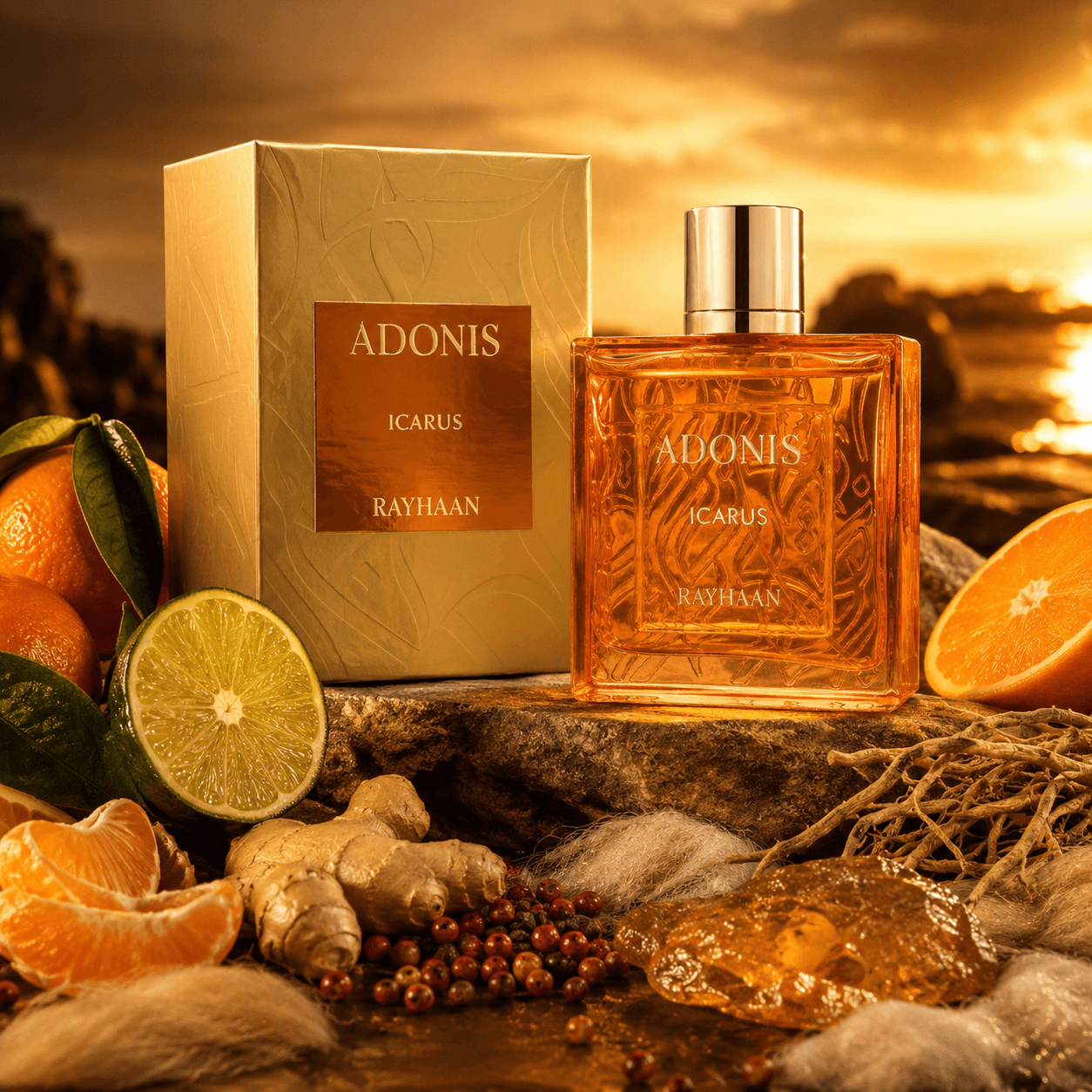 Rayhaan Adonis Icarus Eau de Parfum displayed in a masculine lifestyle scene