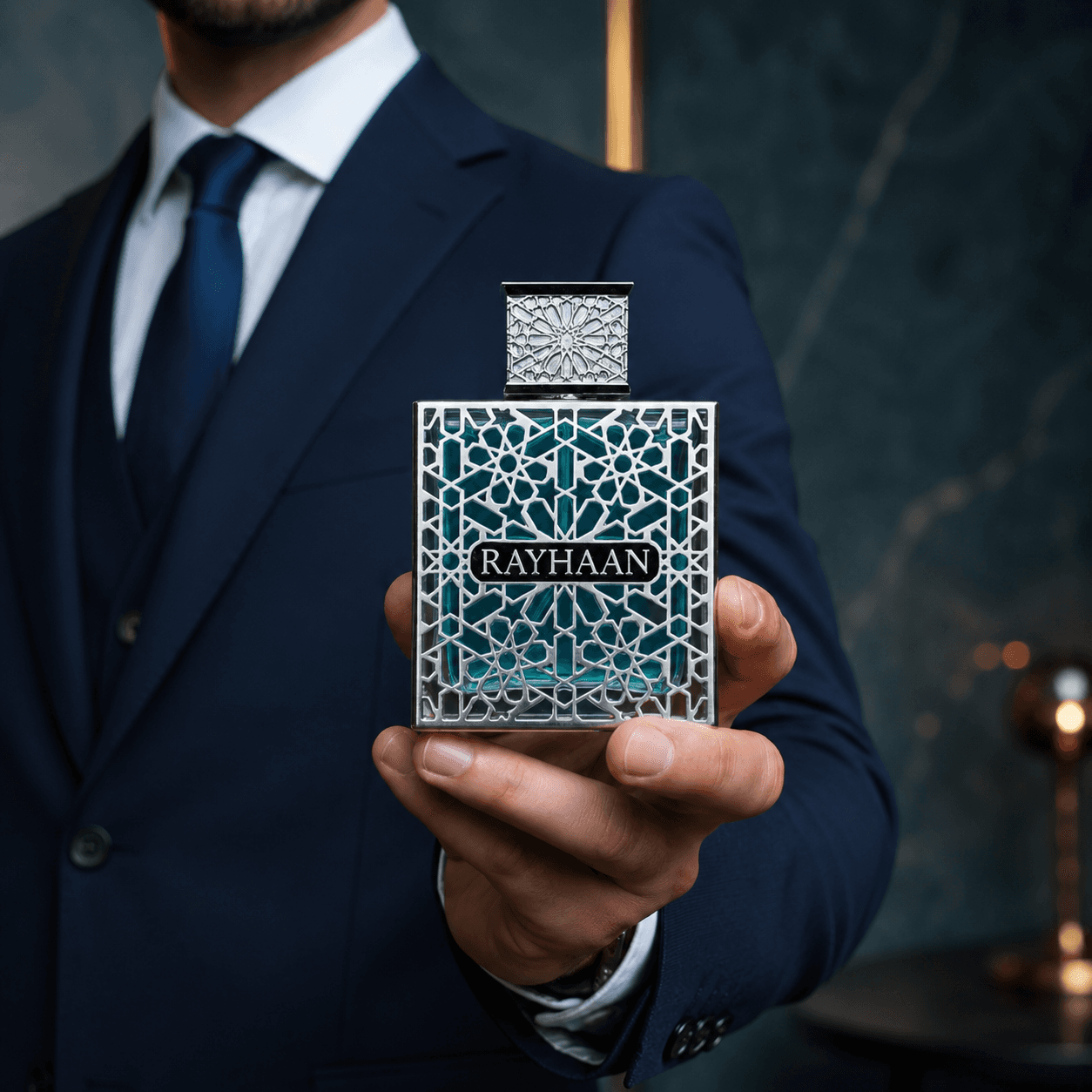 Rayhaan Aquatica men's perfume bottle in a fresh modern fragrance setting