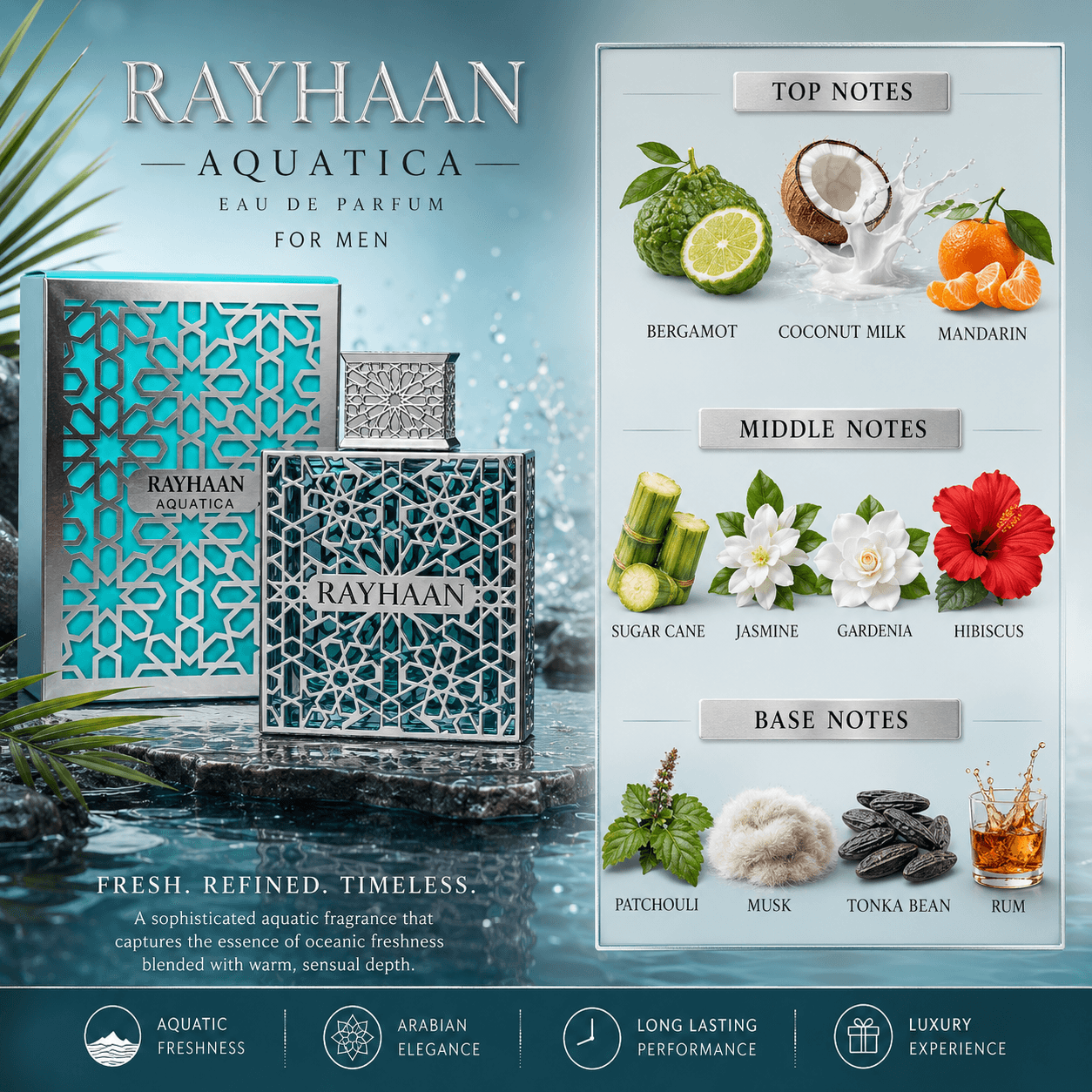 Rayhaan Aquatica Eau de Parfum for men displayed in a clean lifestyle scene