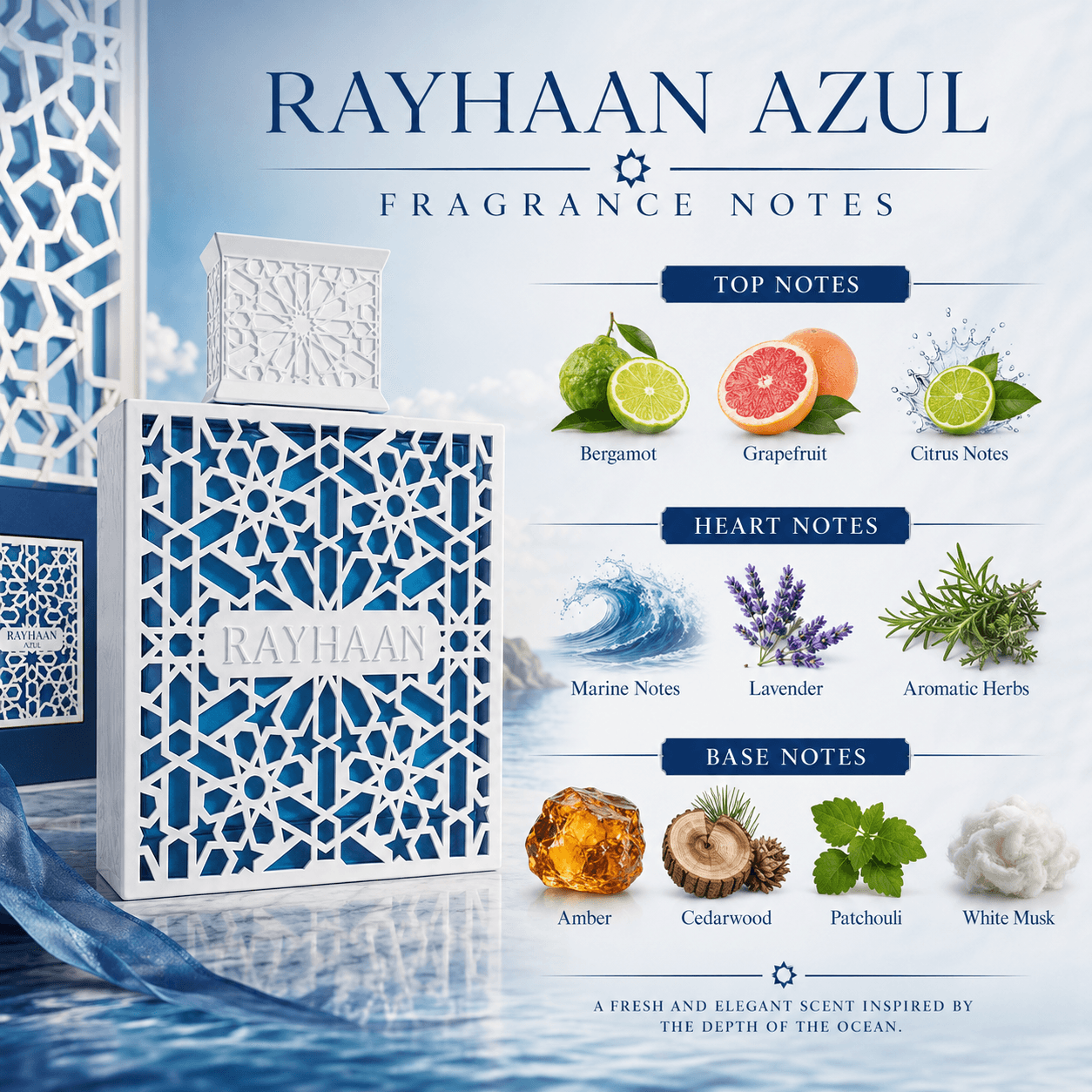Rayhaan Azul Eau de Parfum displayed in a contemporary lifestyle scene