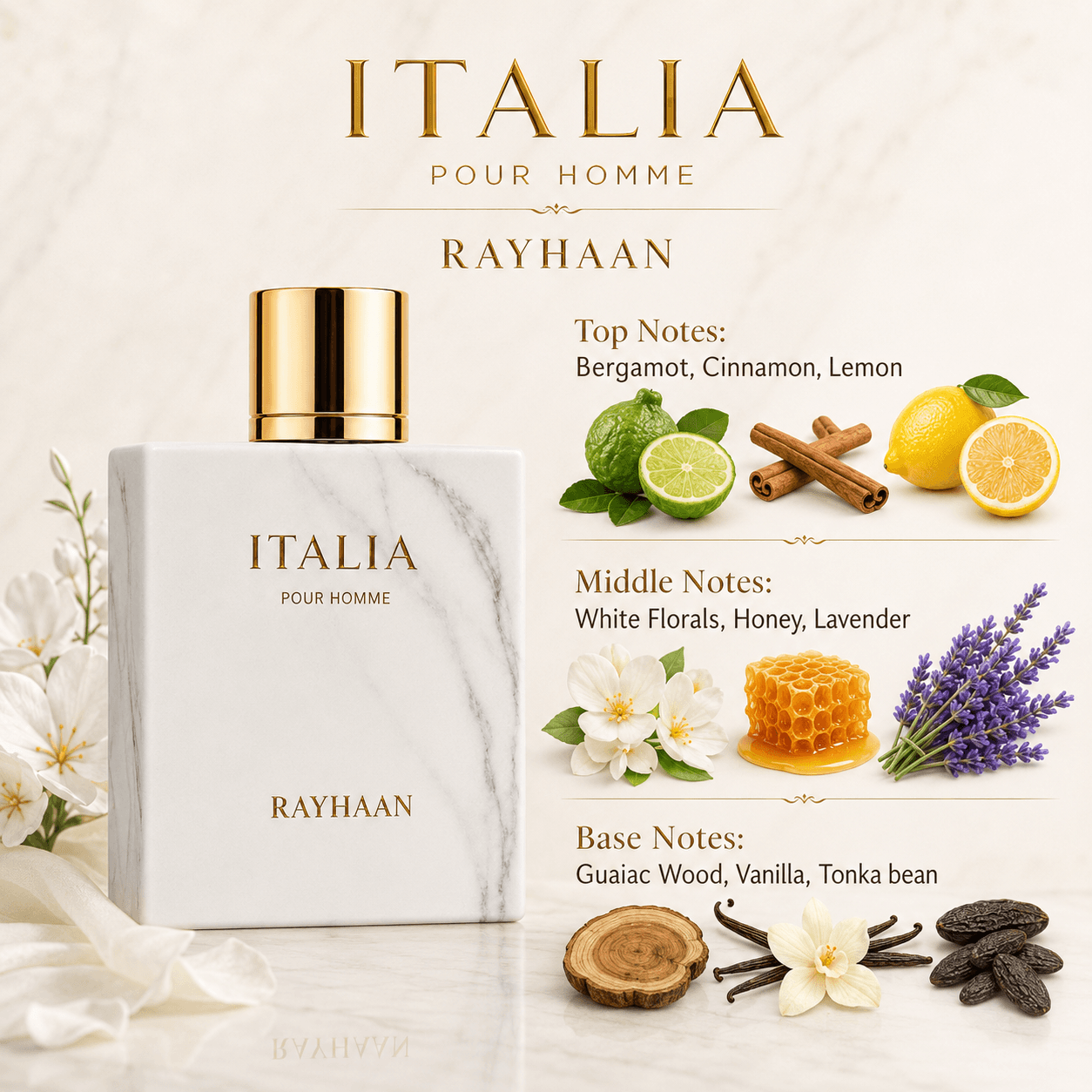 Rayhaan Italia Eau de Parfum for men displayed in an elegant lifestyle scene