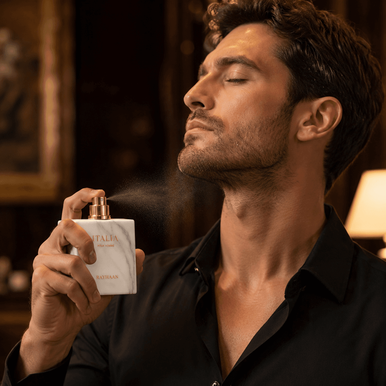 Rayhaan Italia men's perfume bottle in a sophisticated fragrance setting