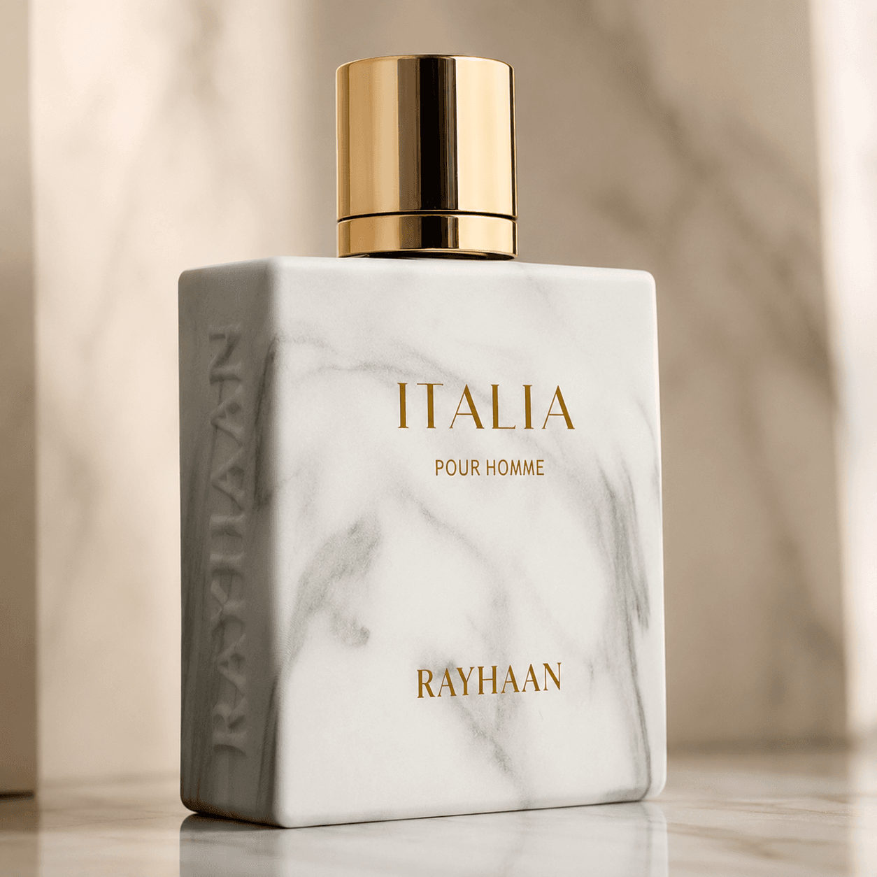 Rayhaan Italia 3.4 oz men's fragrance styled in a refined product display
