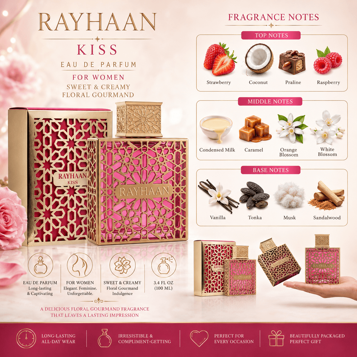 Rayhaan Kiss Eau de Parfum for women displayed in a stylish lifestyle scene