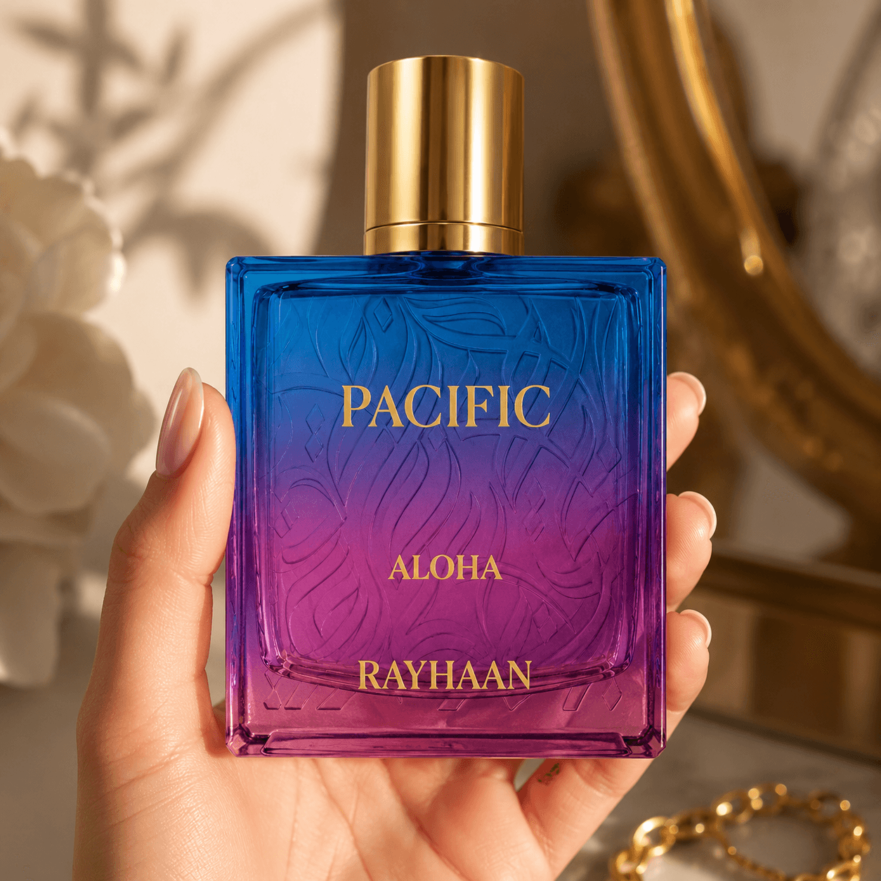 Rayhaan Pacific Aloha unisex perfume bottle in a fresh lifestyle fragrance setting